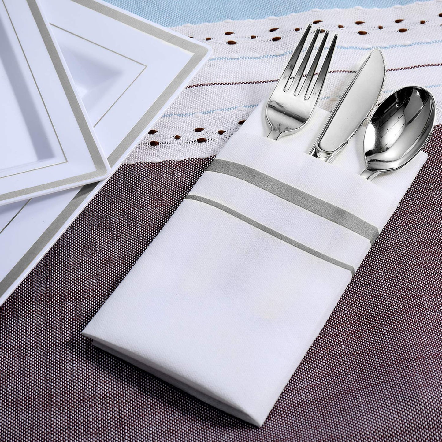 FOCUSLINE 200 Linen Feel Disposable Bathroom Napkins, Soft and Absorbent Paper Guest Towels, Cloth-Like Hand Towels Decorative Paper Napkins for Parties, Weddings, Dinners or Events, Silver, 12" x 17"