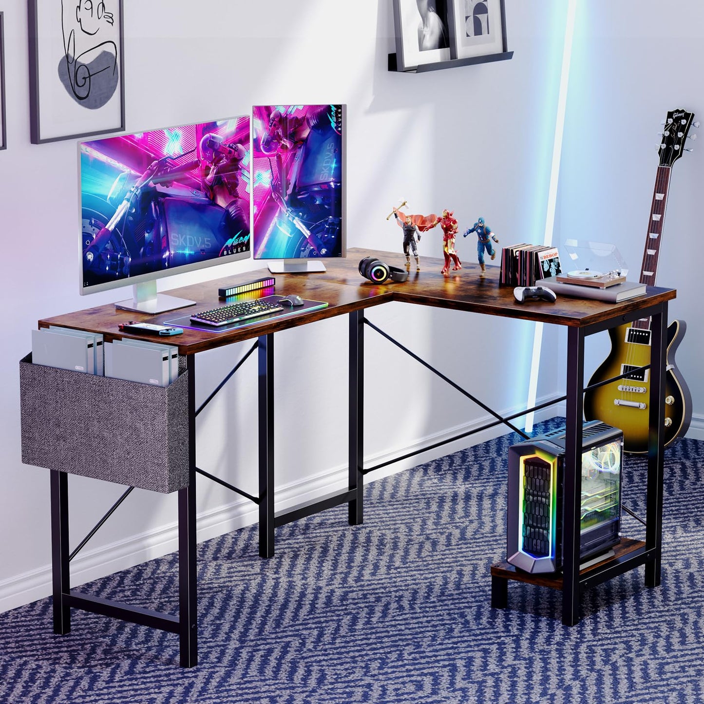 Sweetcrispy L Shaped Desk Computer Gaming Corner Table 51 Inch Home Office Writing Student Work PC Workstation with Side Storage Bag CPU Stand for Bedroom Small Spaces