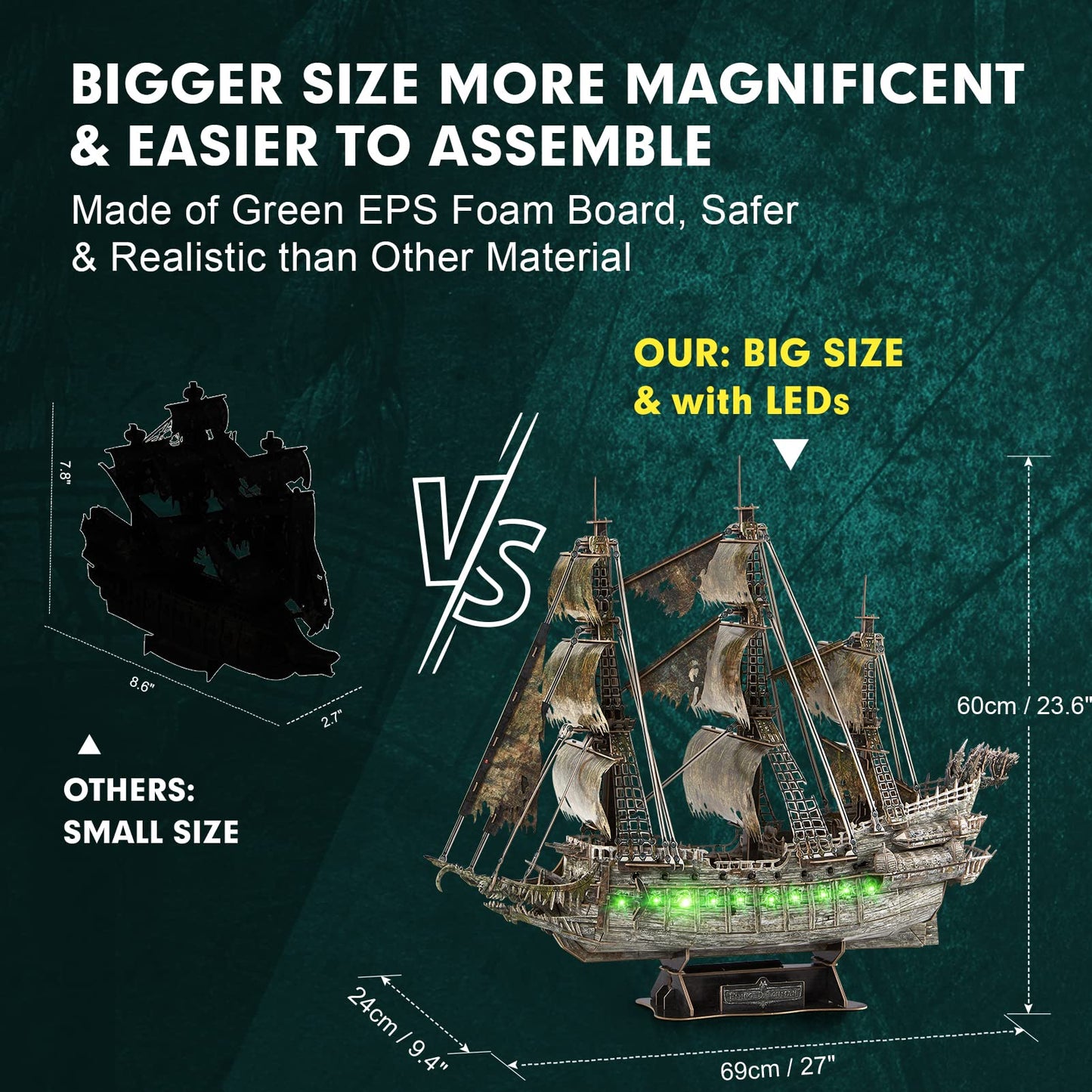 CubicFun 3D Puzzles for Adults Crafts for Adults Gifts for Men Women Green LED Flying Dutchman 360 Pieces Pirate Ship Family Games Birthday Gifts for Men, Lighting Ghost Ship Room Decor Model Kits