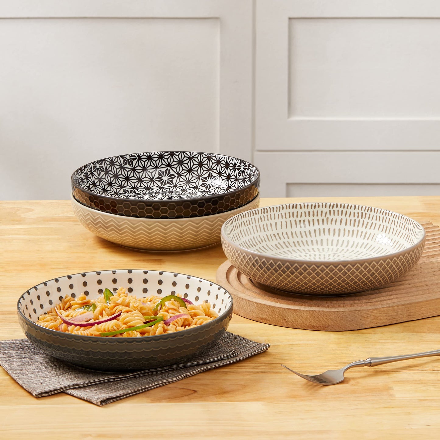 Signature Housewares 36 OZ Shallow Dinner Bowls/Deep Plates Perfect for Spaghetti and Salads - Set of 4 - Large Ceramic Bowls - Colorful Pasta Bowls - Set of 4, Multi-tone Neutral
