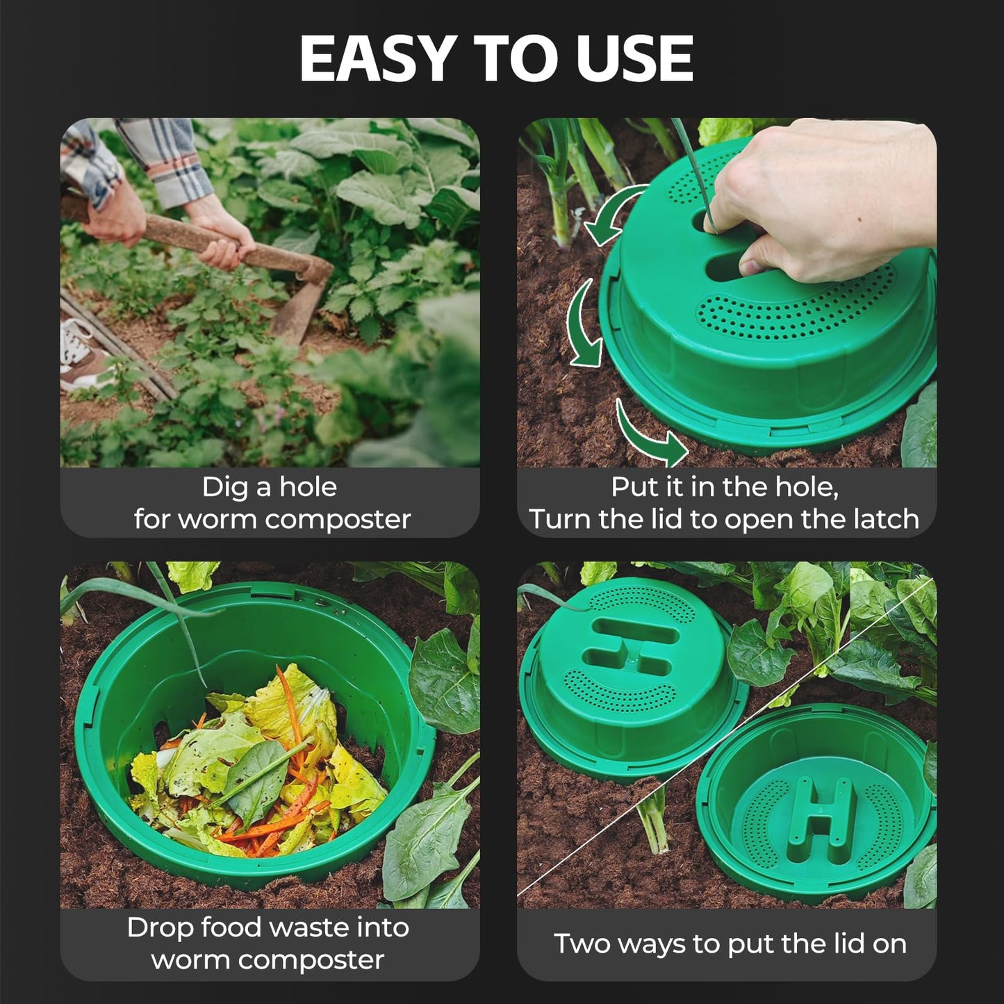 TOP XIAN 4-Pack Inground Worm Composter, Outdoor Worm Compost Bin for Garden Beds & Home Use, Vermicomposting Bin for Beginners (9.5x9.5x10.8Inch), Green