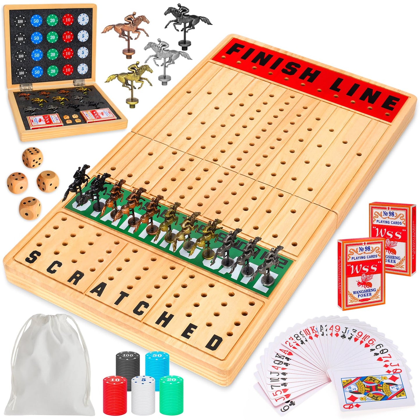 Toidgy Large 21 Inches Horse Race Board Game, Horse Racing Games with Cards and Dice & 11 Luxury Metal Horses, Thickened Wood Chessboard, Classic Wooden Table Top Board Games for Adults and Family