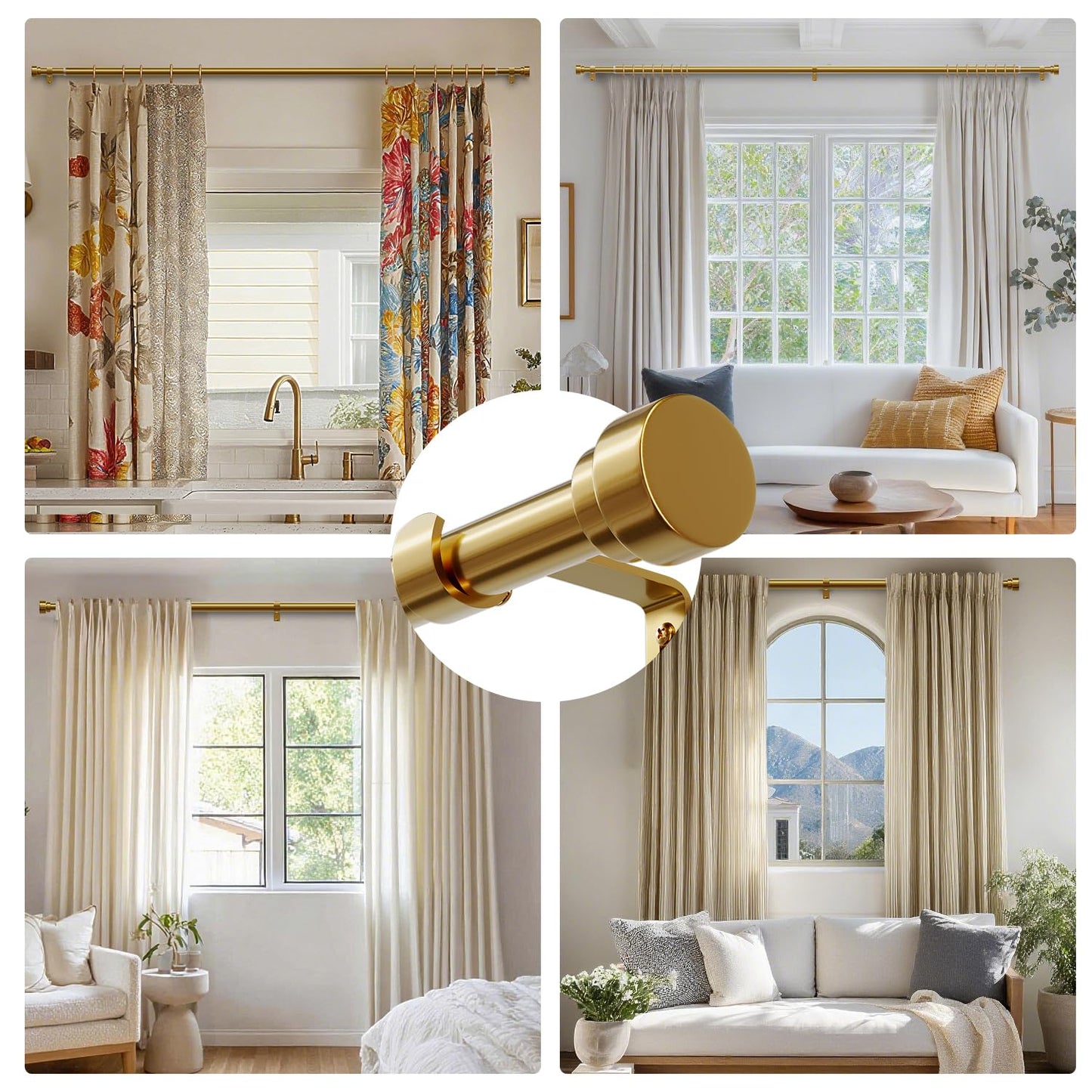 Oneach Heavy Duty Curtain Rods for Windows 72 to 144 Inch, 1 Inch Brass Gold Curtain Rod, Adjustable Length Rod with Metal Finials, Modern Decorative for Bedroom Kitchen Living Room