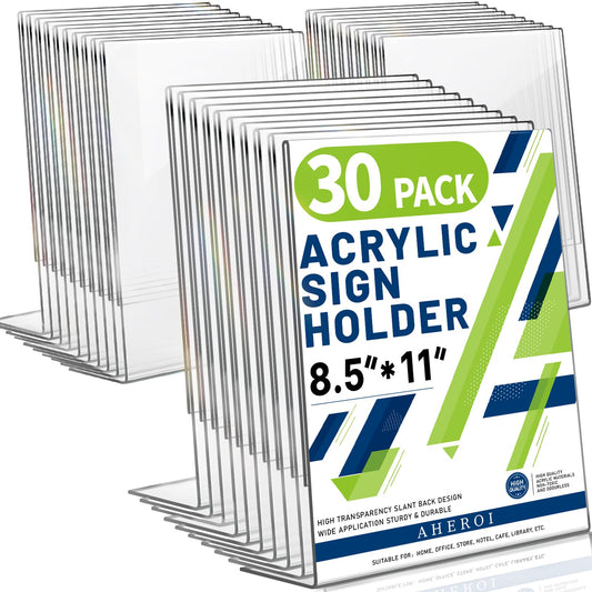 Aheroi Acrylic Sign Holder 8.5 x 11, 30Pcs Plastic Sign Holder 8.5 x 11 Standing, Clear Paper Holders Acrylic Paper Document Holders, Plastic Stands Flyer Display,Office School Table Supplies