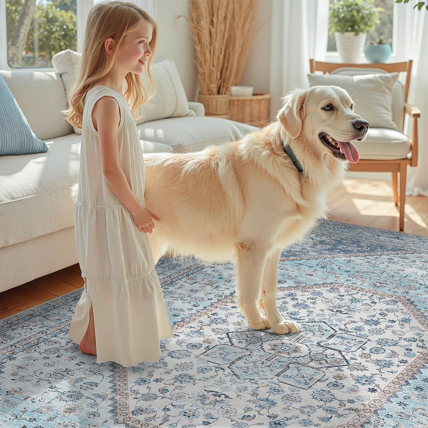 DCX Blue 5x7 Rug, Machine Washable Stain Resistant Kid & Pet Friendly with Rubber Back Non Slip Vintage Rug for Living Room, Bedroom, Home Office, Soft Low Pile Large Carpet