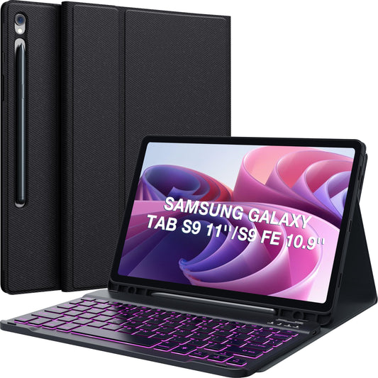 CHESONA Galaxy Tab S9 Fe Case with Keyboard, Galaxy Tab S9 Keyboard Case, Magnetic Detachable & 7-Color Backlit Wireless Keyboard, Slim Folio Case with S Pen Holder, for S9 Fe 5g 10.9''/S9 11'', Black