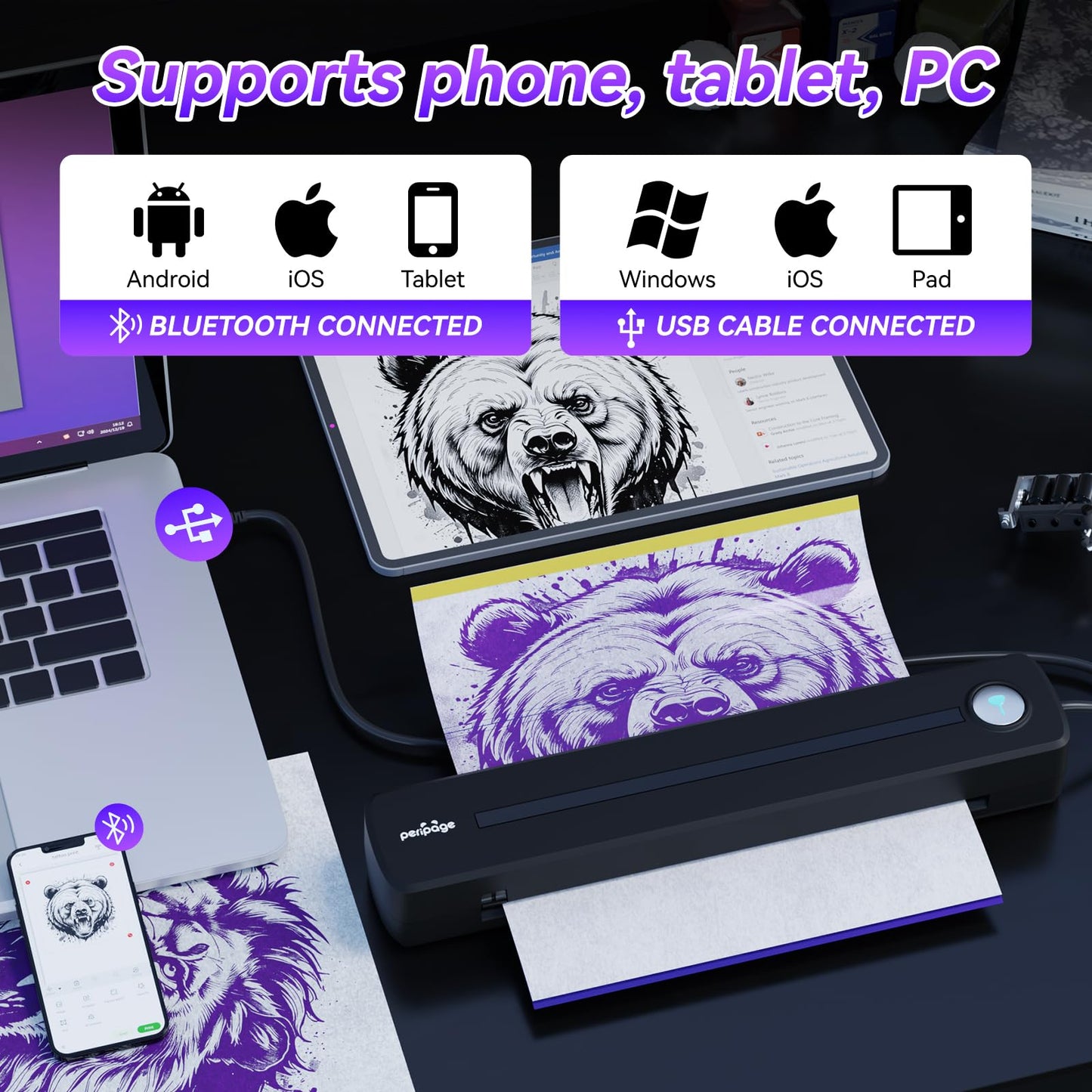 PeriPage P91 Tattoo Printer with Tattoo Stencil Paper,Wireless Thermal Tattoo Printers Compatible with Phone,Pad & PC