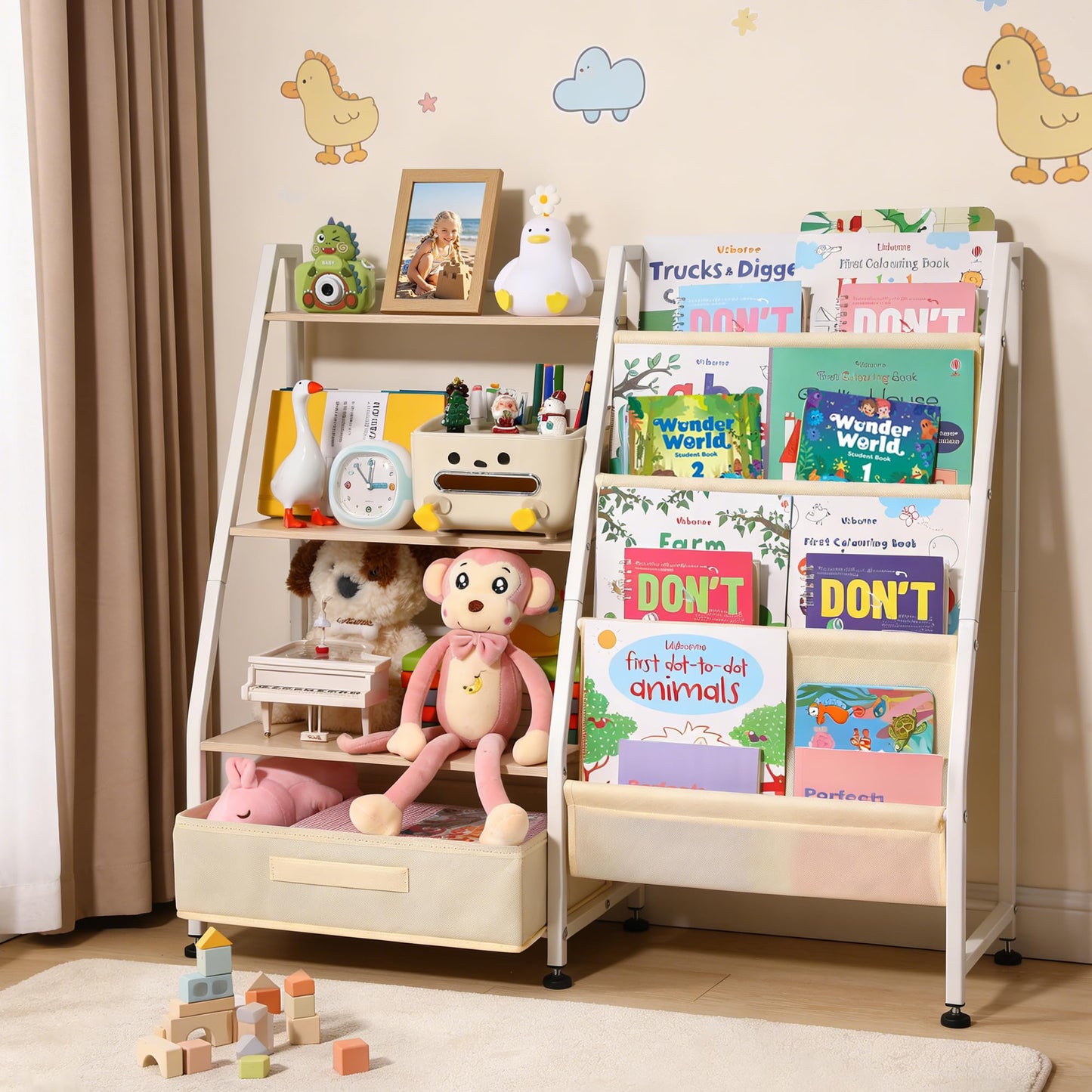 Vsonker Kids Bookshelf and Toy Storage-Book Shelf for Kids Rooms，Toddler Bookshelf Baby Bookcase with 4 Sling Shelves & Fabric Toy Chest Toy Organizer for Playrooms, Bedrooms, Nursery