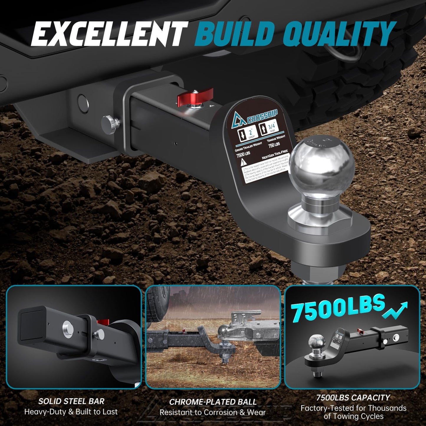 CROSSHIP No-accessory Trailer Ball Mount Hitch - Fits 2'' Receiver, 2'' Drop Ball Mount, Solid Dual Ball 2" Tow Hitch 7500 LBS GTW Heavy Duty Truck with Pin for SUV, Truck, RV, ATV