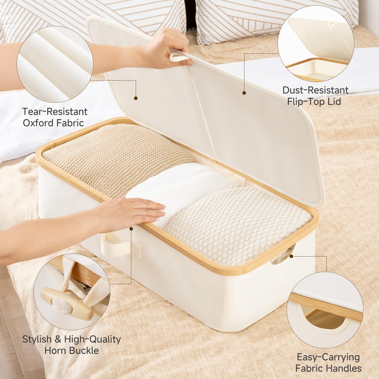 StorageWorks Underbed Storage Containers with Lids, 2-Pack 7" Low Profile Under Bed Storage Box with Bamboo Frame for Clothes, Bedding, Blankets and Shoes, 42L Sturdy Fabric Organizer, Beige