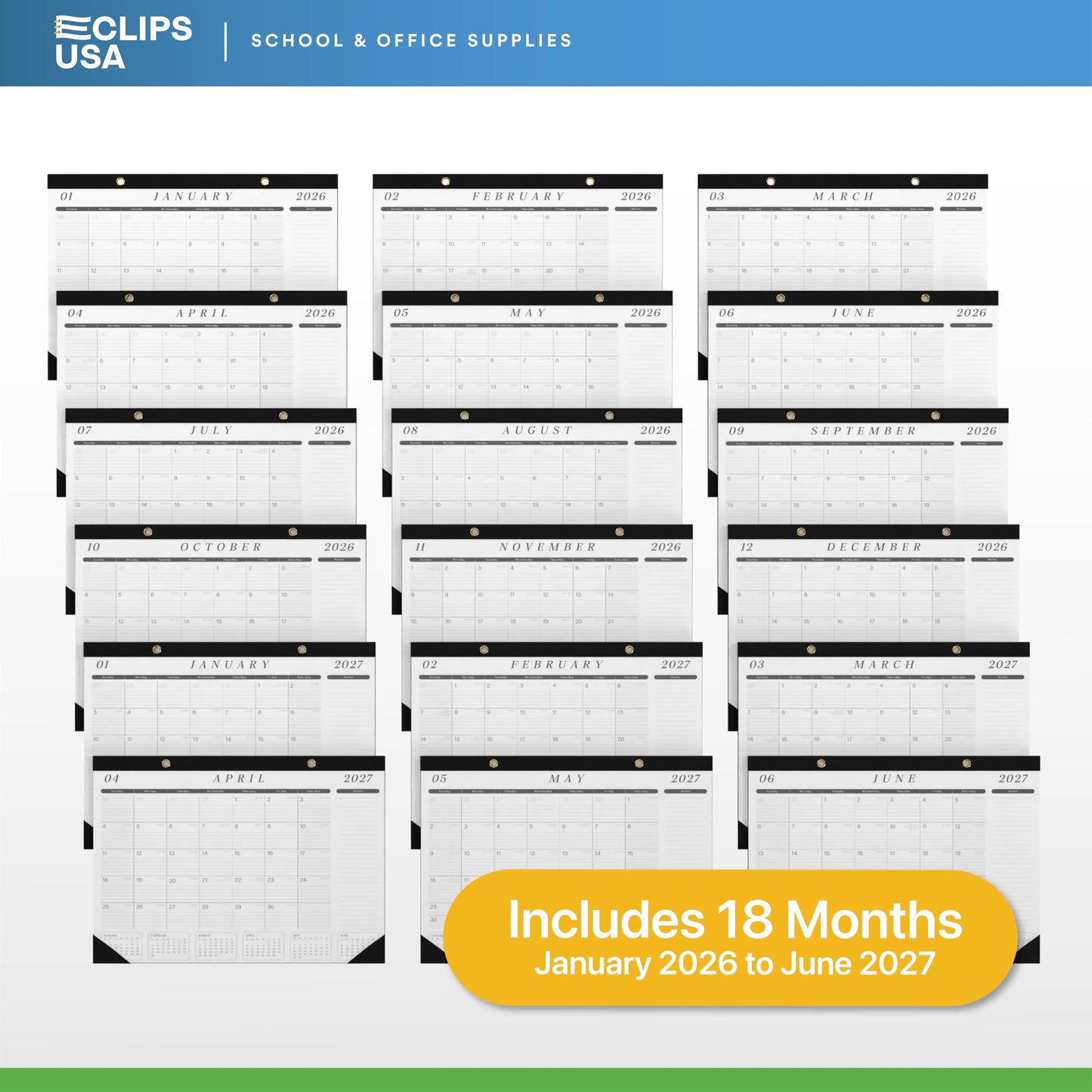 Desk Calendar 2026-2027 Large 22x17 Desk Calendar Jan 2026 - Jun 2027 Desk Blotter To-do List Planner (Black & White 6 Pack)