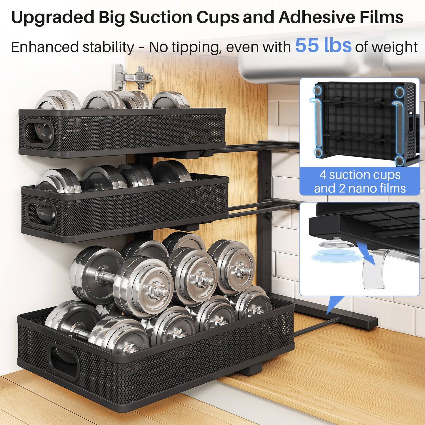 Under Sink Organizer, 2-Pack 3-Tier Thickened Metal Pull out Cabinet Organizer Shelf, Height Adjustable Slide out Storage Drawer Rack for Kitchen Bathroom Pantry Laundry Home Office Organization