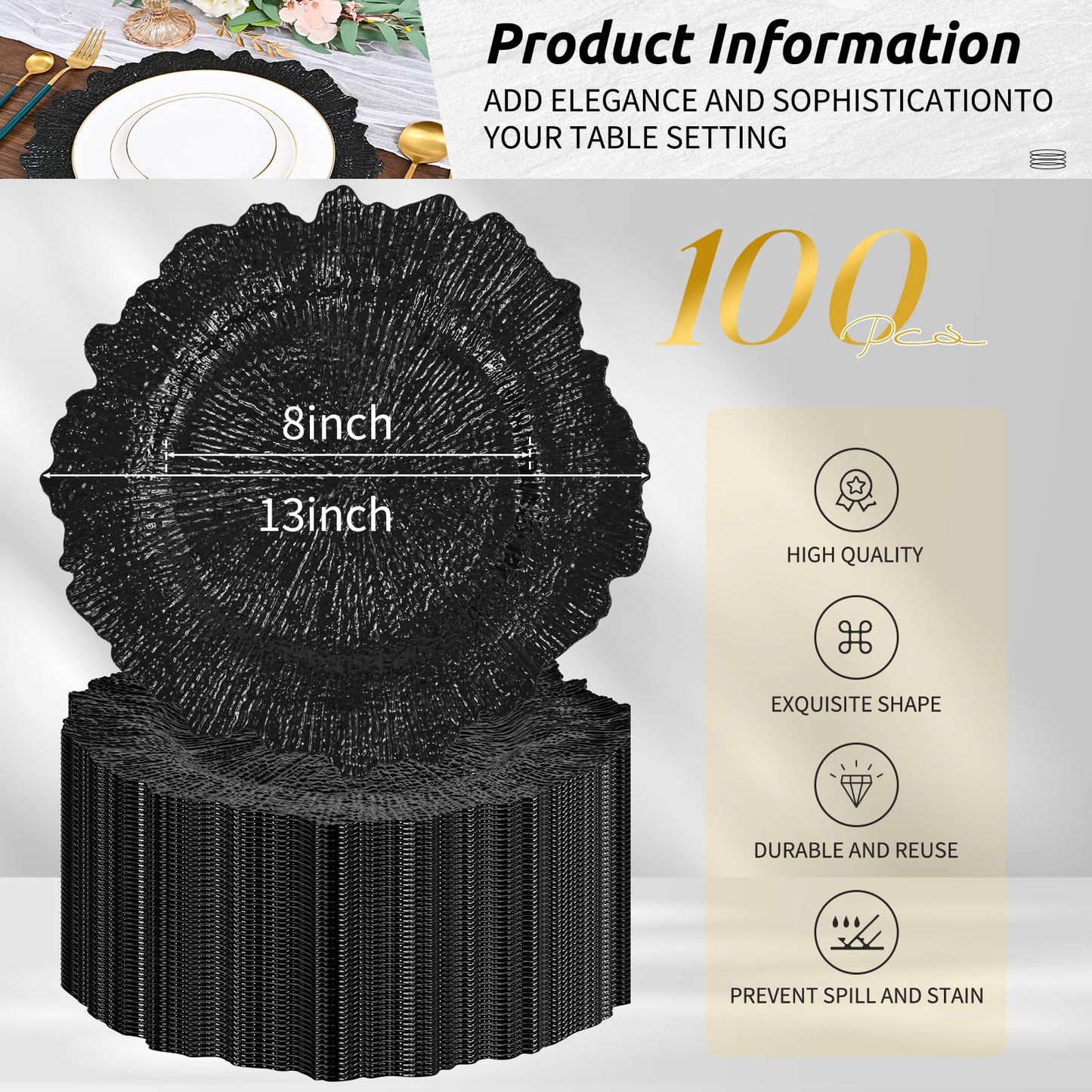 100Pcs Black Charger Plates Round 13inch, Reef Plate Chargers for Dinner, Bulk Plastic Floral Table Charger Plates for Dinner Wedding Party Event Table Setting Decoration(Black)