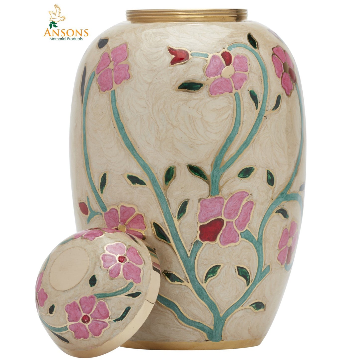 Ansons Urns Cremation Urn - Flower Funeral Urn for Human Ashes - Burial urn with Lacquer Finish - 100% Brass - Flora Cream