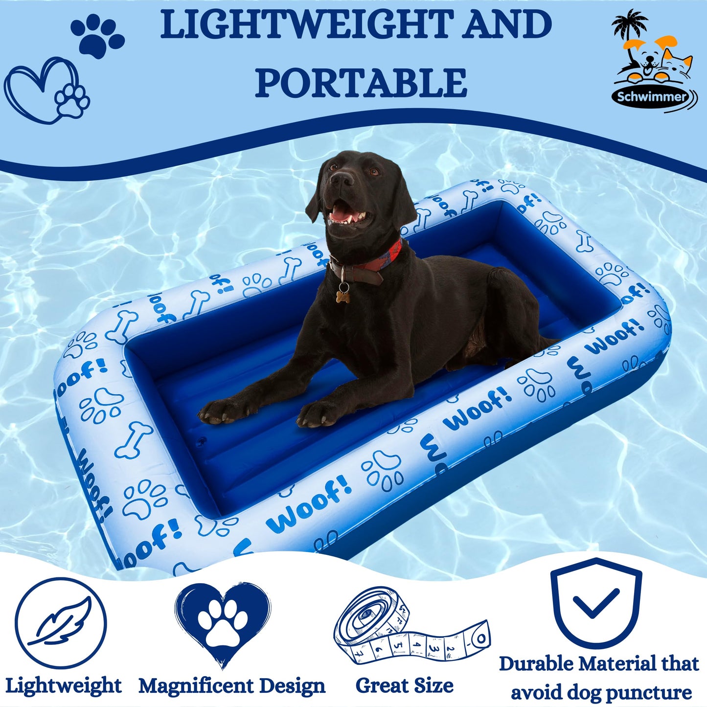 Schwimmer Dog Pool Float – Premium Pool Float for Large Dogs up to 220lbs – Durable & Inflatable Dog Raft for Pool & Lake – Comfortable & Safe Floating Mat for Summer Fun – Blue