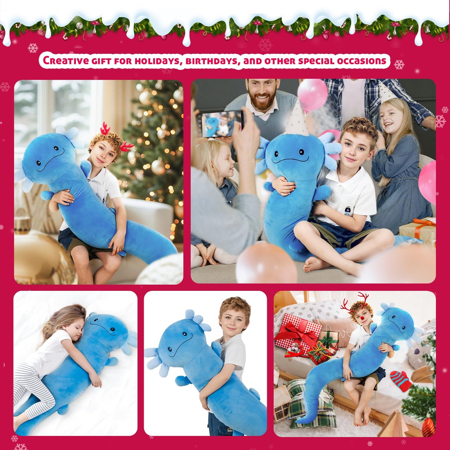 48 inch Giant Axolotl Plush Stuffed Animal, Big Blue Axolotl Glow in The Dark Fluorescent Plushies, Jumbo Salamander Body Pillow Gifts for Kids Adults, Birthday