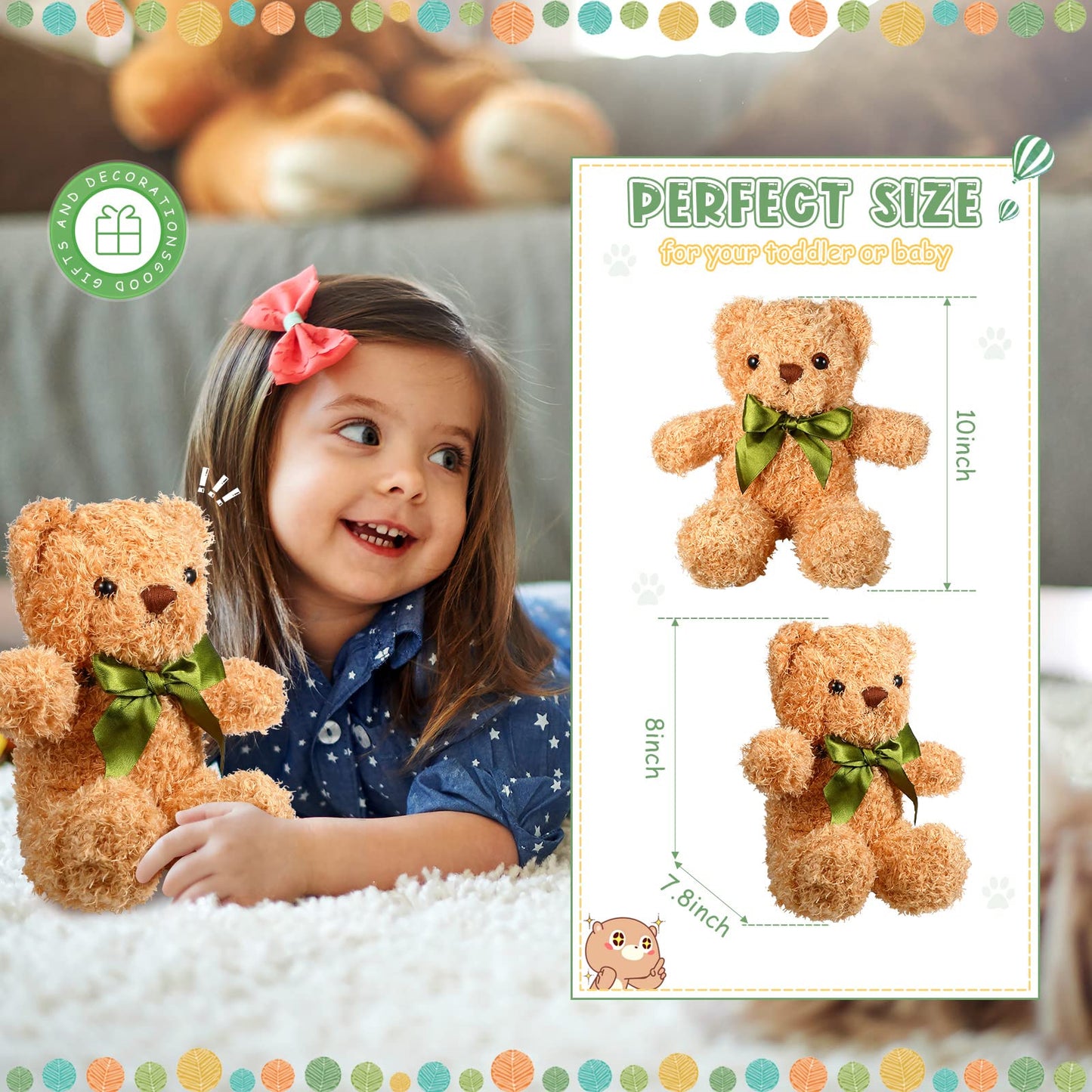 HyDren 15 Pieces Plush Stuffed Bears 10 Inch Cute Soft Stuffed Animal Bear Toy with Bow Tie for Graduation Baby Shower Birthday Party Gift Favors(Golden, Brown, White)