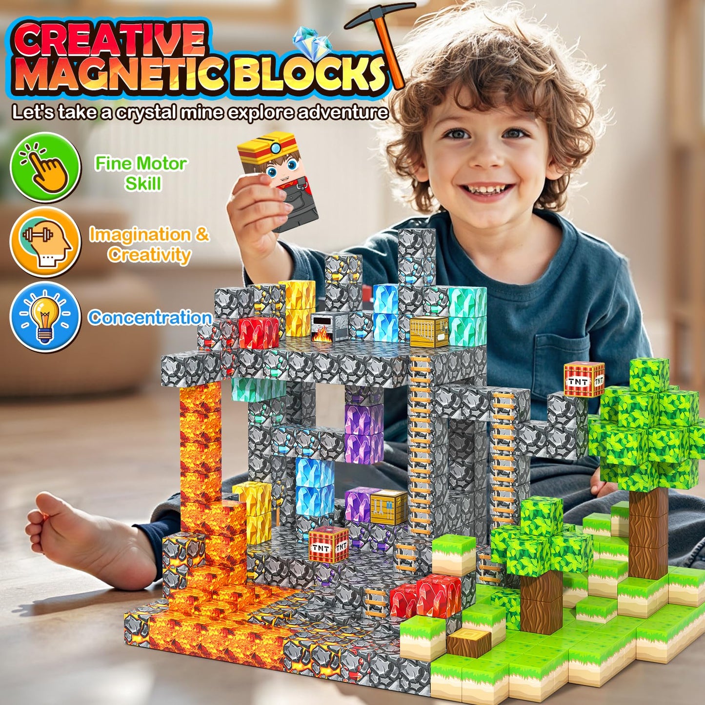 100PCS Magnetic Blocks Building Toys, Gem Cave Adventure Building Craft, Learning Sensory Toys for Boys Girls Age 3-12, Game Gift for Kids Little Gamers