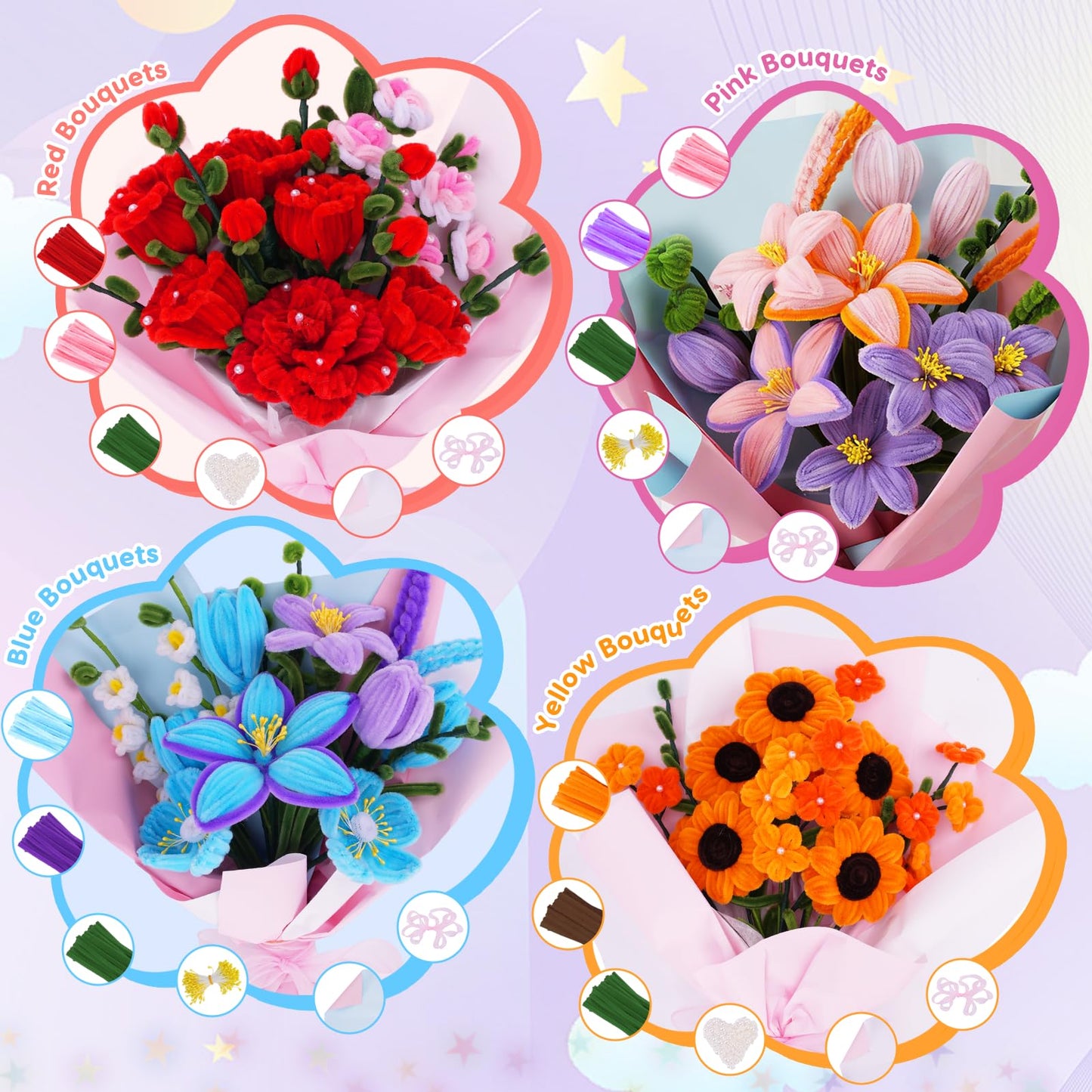 900 PCS Pipe Cleaners Craft, Pipe Cleaners Flowers Kit with Handle,14 Colors Chenille Stems with Instruction, Art and Craft Supplies