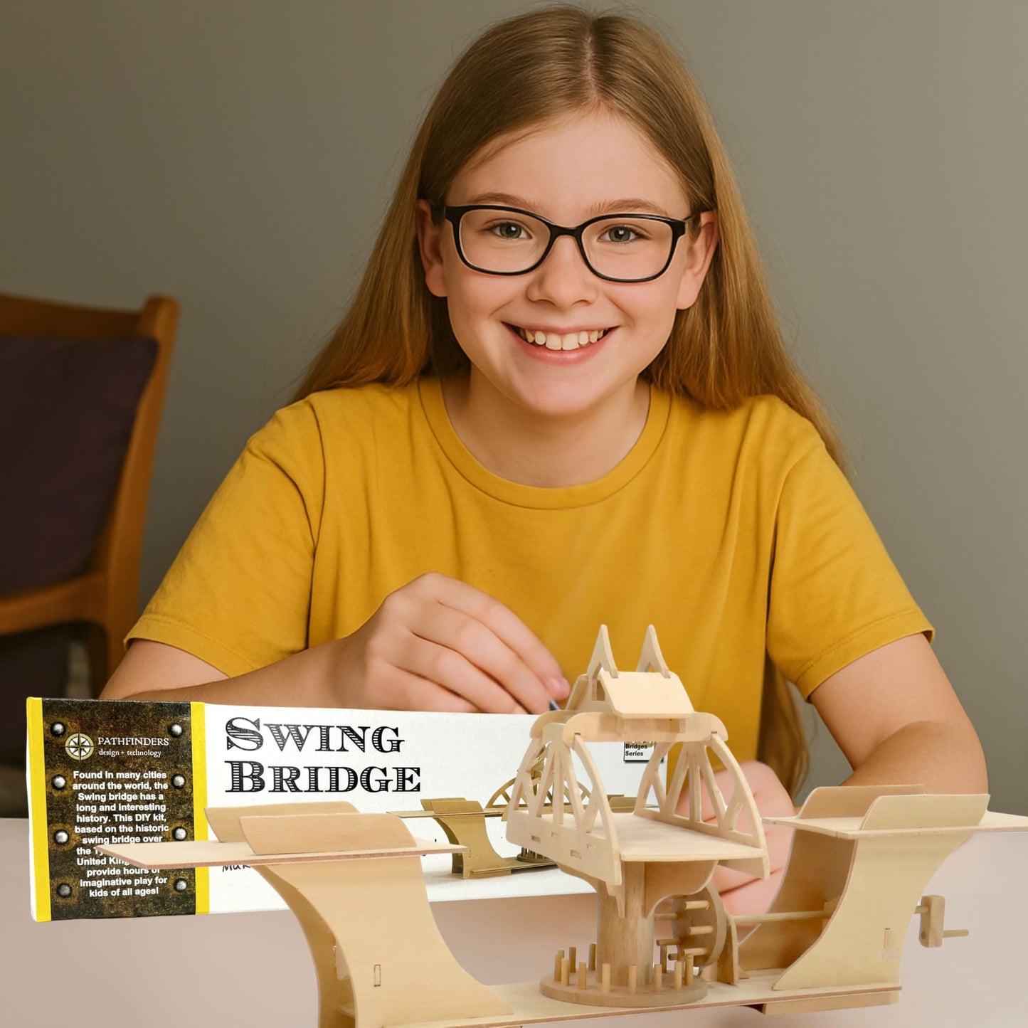 PATHFINDERS Swing Bridge STEM Kit – Wooden Mechanical Bridge Model to Build – DIY Engineering Kit for Kids & Adults – Hand-Powered Gear Mechanism – Educational Science & Engineering Toy