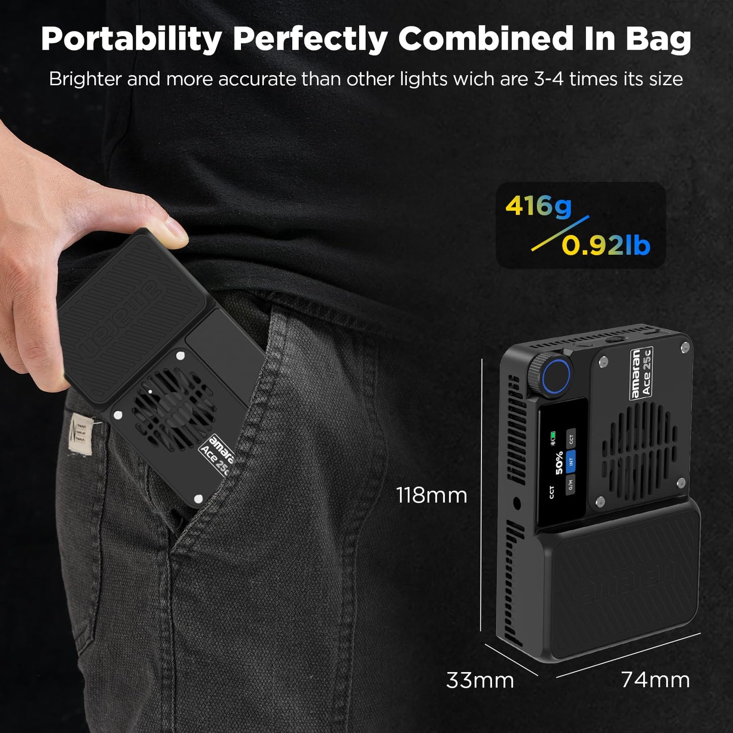 Amaran Ace 25c Pocket RGBWW LED Light, Boost Mode Up to 32W, Full-Color Mini Video Light (2,300-10,000K), 1,171 Lux@1m at 5,600K, 4500mAh Battery with PD Fast Charging for Mobile Creators (Charcoal)