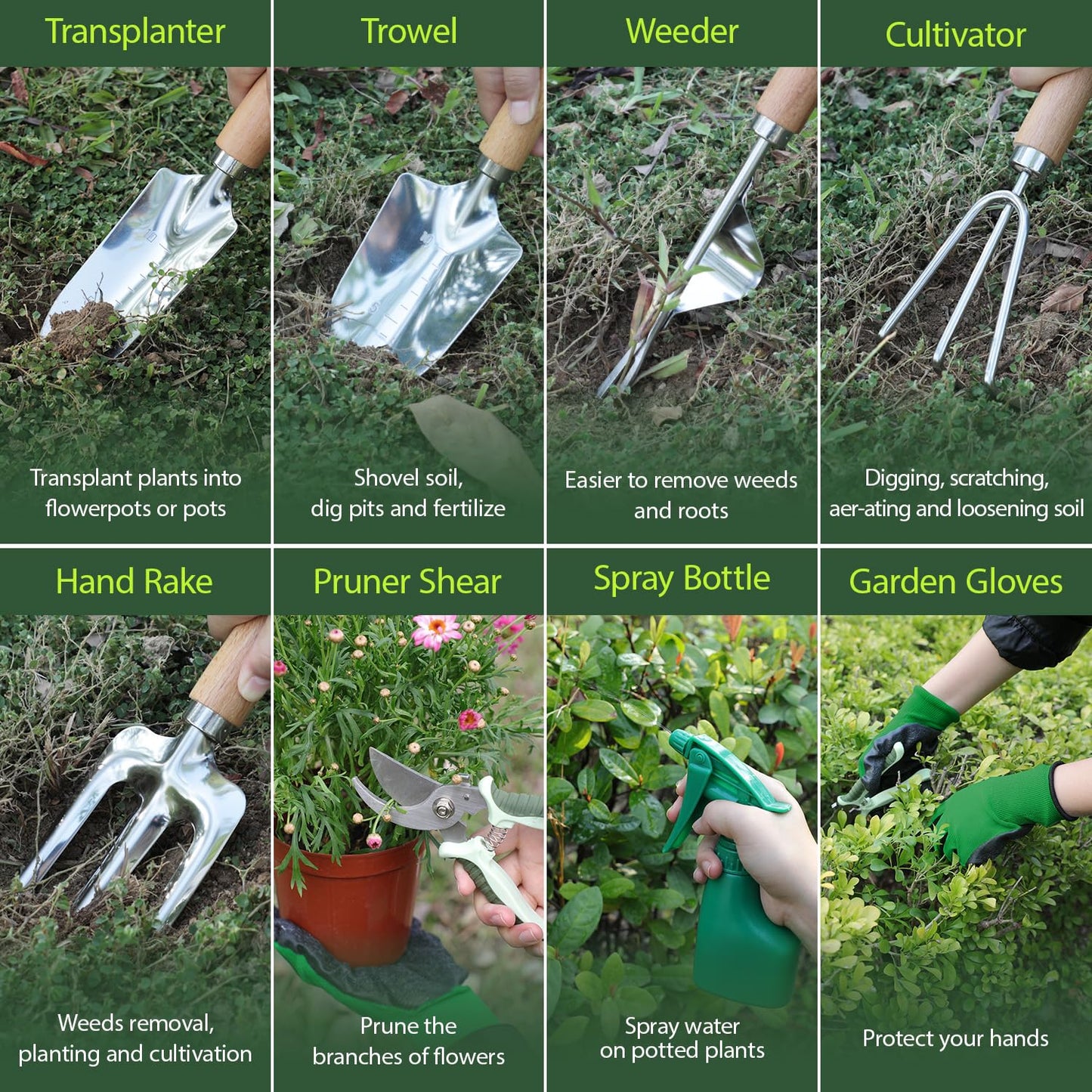 HoHaing Garden Tool Set, 10 Piece Gardening Kit with Heavy Duty Folding Stool, Gardening Tools with Detachable Storage Tote Bag, Stainless Steel Garden Tools, Gardening Gifts for Women Men Green