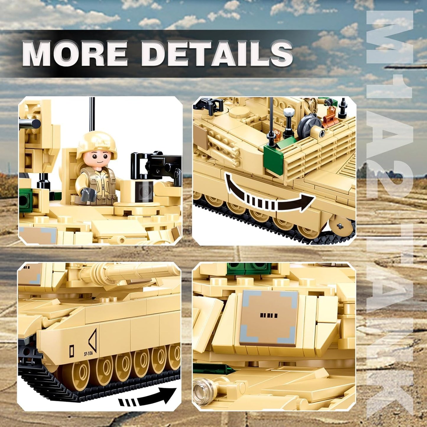 WW2 Army Tank M1A2 Main Battle Tank Military Model Toy Kits, Inspired M1A2 Abrams Brick Building Set, Including 2 Soldier Minifigures, Gifts for 6-12 Year Old Kids, Compatible with Lego, 781 PCS1
