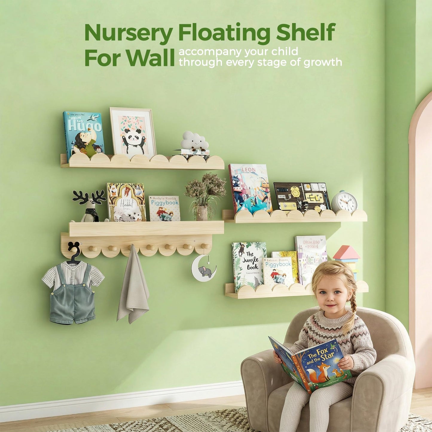 CLLASOU 24 Inch Floating Shelves for Wall, 4-Pack Nursery Book Shelves with Hooks, Scalloped Shelves, Wall Book Shelves for Kids Room, Baby Room, Bedroom, Nursery Decor