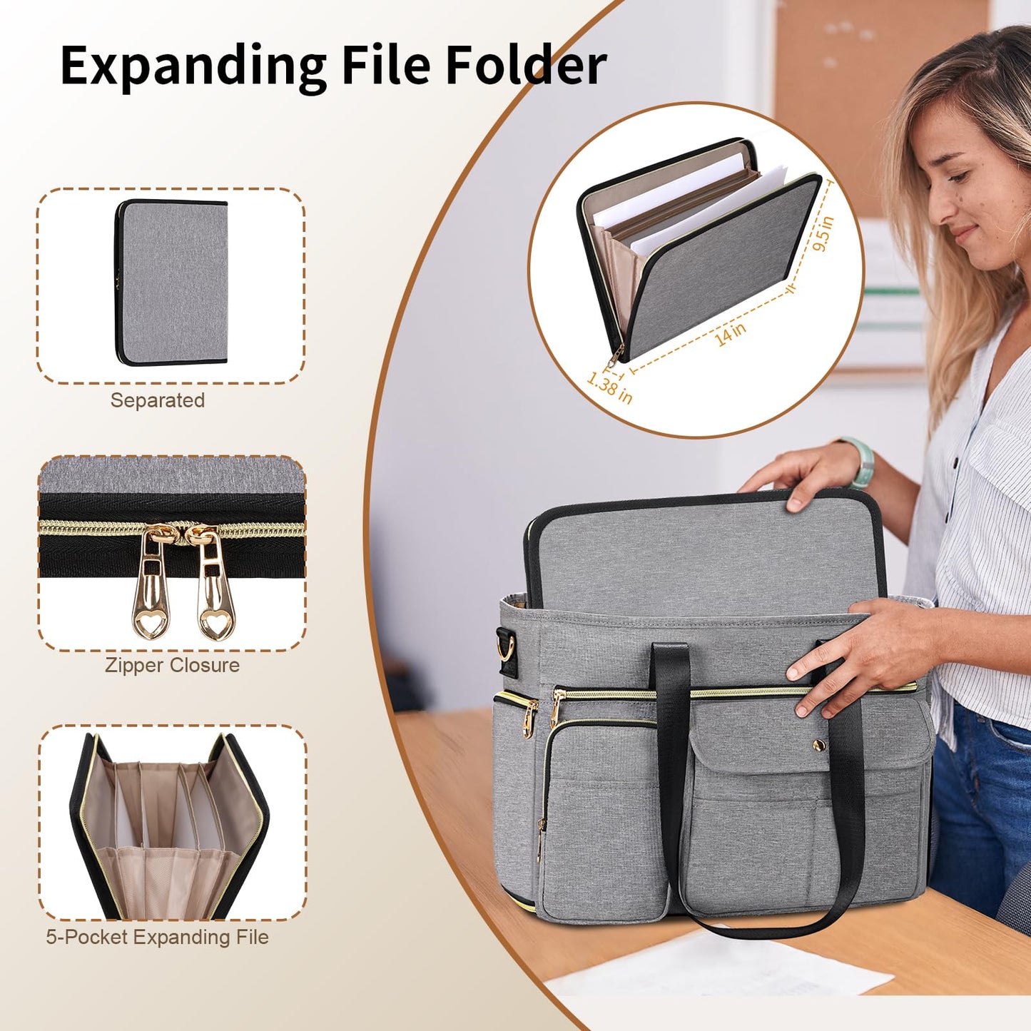 ESTARER Teacher Tote Bag for Women 2Pcs, 15.6'' Laptop Work Bag Computer bag w/Expandable File Folder, Large Water-Resistant Messenger Shoulder bag w/Insulated Pocket for Office/Travel/College, Grey