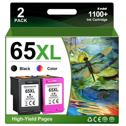 65XL Ink Cartridges Black/Color Combo Pack High Yield Replacement for HP Ink 65 65XL Work for HP DeskJet 3755 3772 3700 3722 3752 2600 2622 Envy 5055 5000 5070 5052 5014 Printer (1 Black,1 Tri-Color)