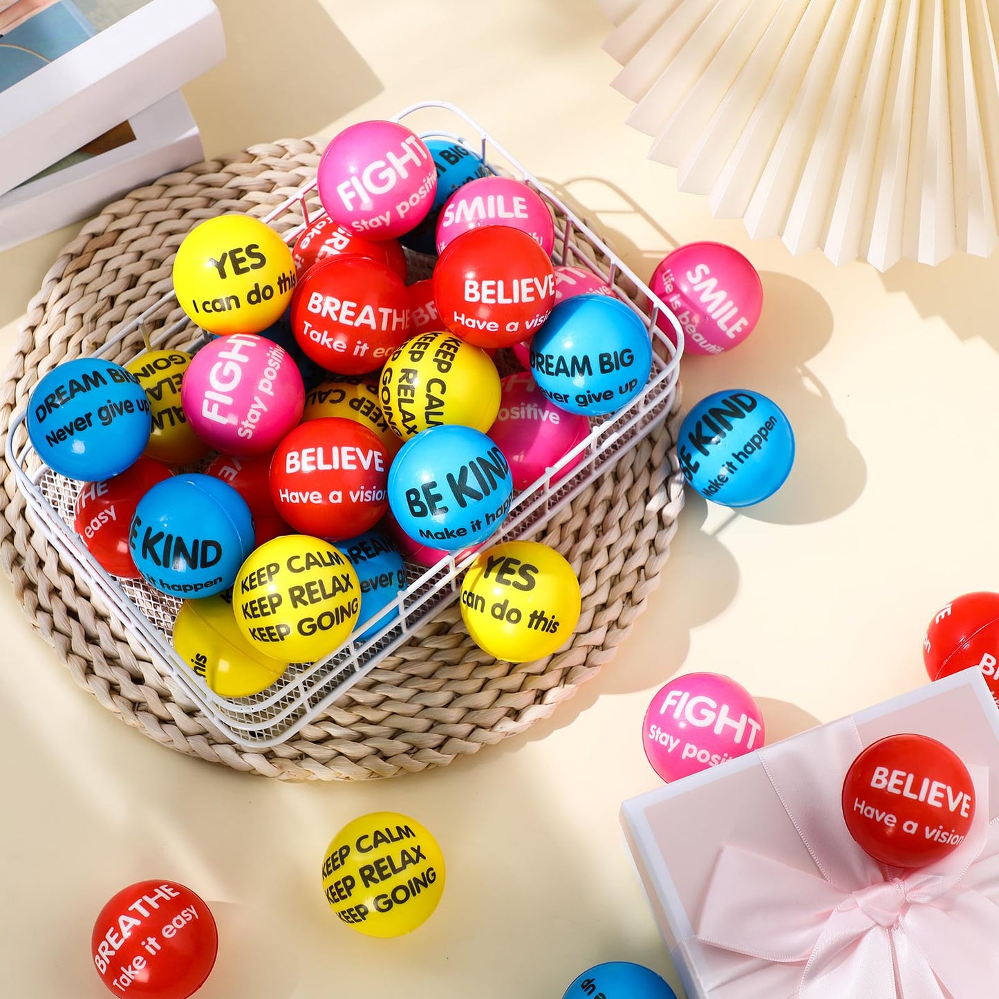Liliful 48 Pieces Motivational Stress Balls Bulk for Adults Fidget Toys End of The Year Student Gifts Inspirational Squeeze Balls Employee Appreciation Gift Adult Goodie Bag 2. 2 Inch(Bright Colors)