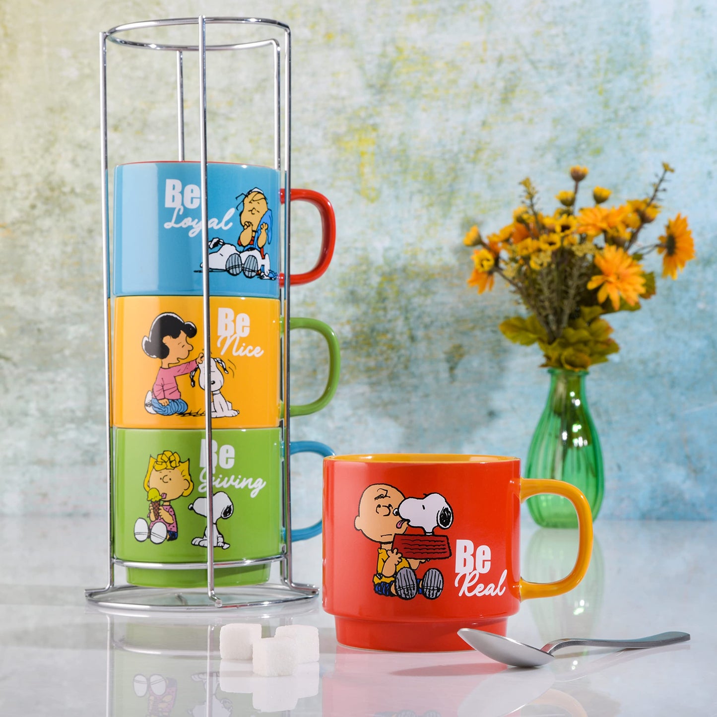 Peanuts Snoopy Gentle Reminders 15oz Stackable Mugs w/Metal Rack, Stoneware, 4-Pack, Assorted Colors