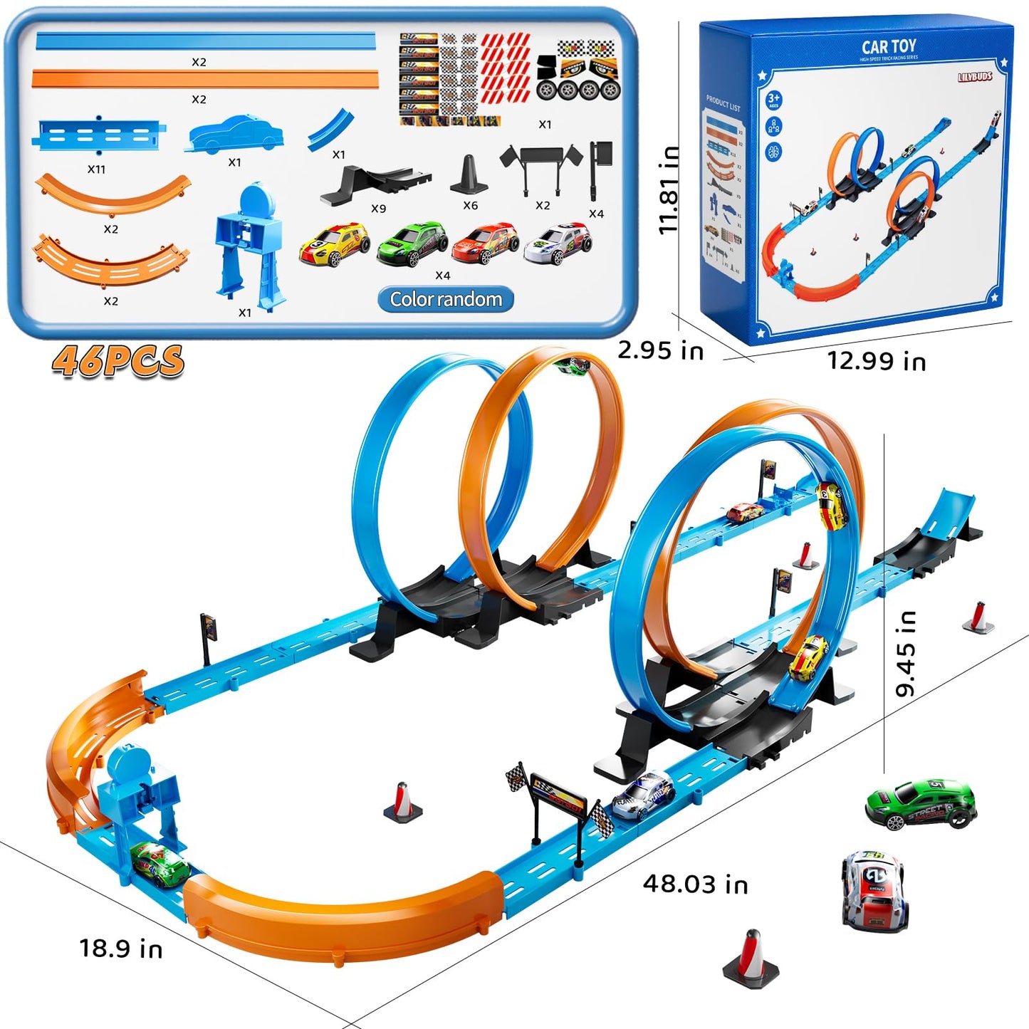 LILYBUDS Toy Car Track Set for Boys Kids Age 3-5 4-7 8-12, Long Race Tracks with 4 Action Loops and 4 High-Speed Slot Cars, 35+ Pieces of Race Track to Create Multiple Configurations