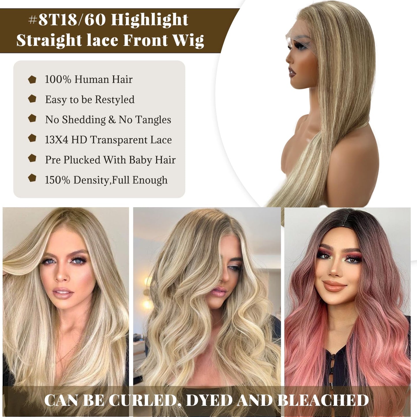 22 Inch Ombre Lace Front Wig Human Hair 13x4 Straight Highlight Lace Front Wig Human Hair #8T18/60 Ash Brown to Blonde HD Lace Closure Wigs for Women 150% Density Pre Plucked Hairline