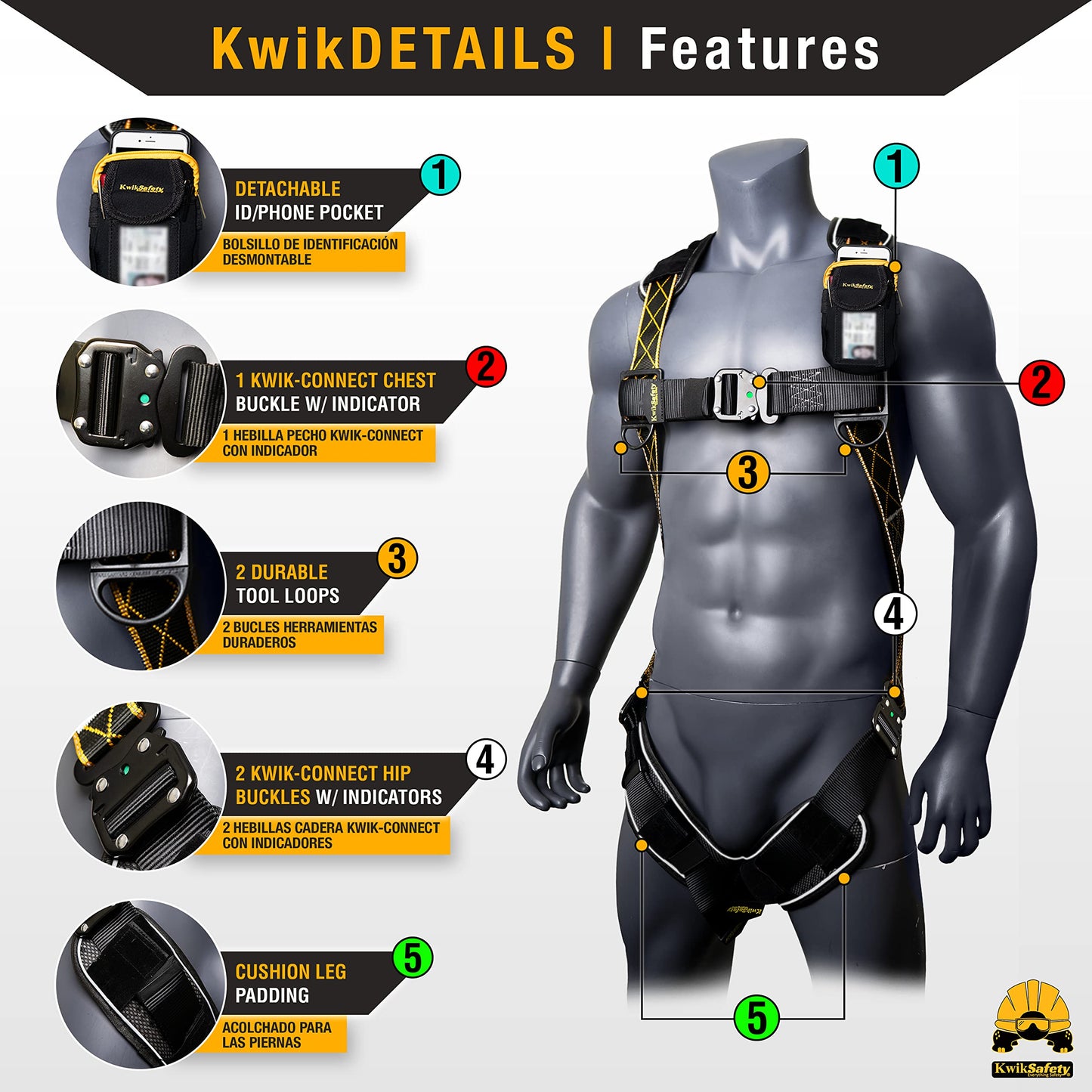 KwikSafety TORNADO DiamondBACK Safety Harness [4 Pack] 3 QUICK CONNECT BUCKLES + 1 D-RING ANSI OSHA Premium Fall Protection Black Full Body Fall Arrest Construction Roofing PPE