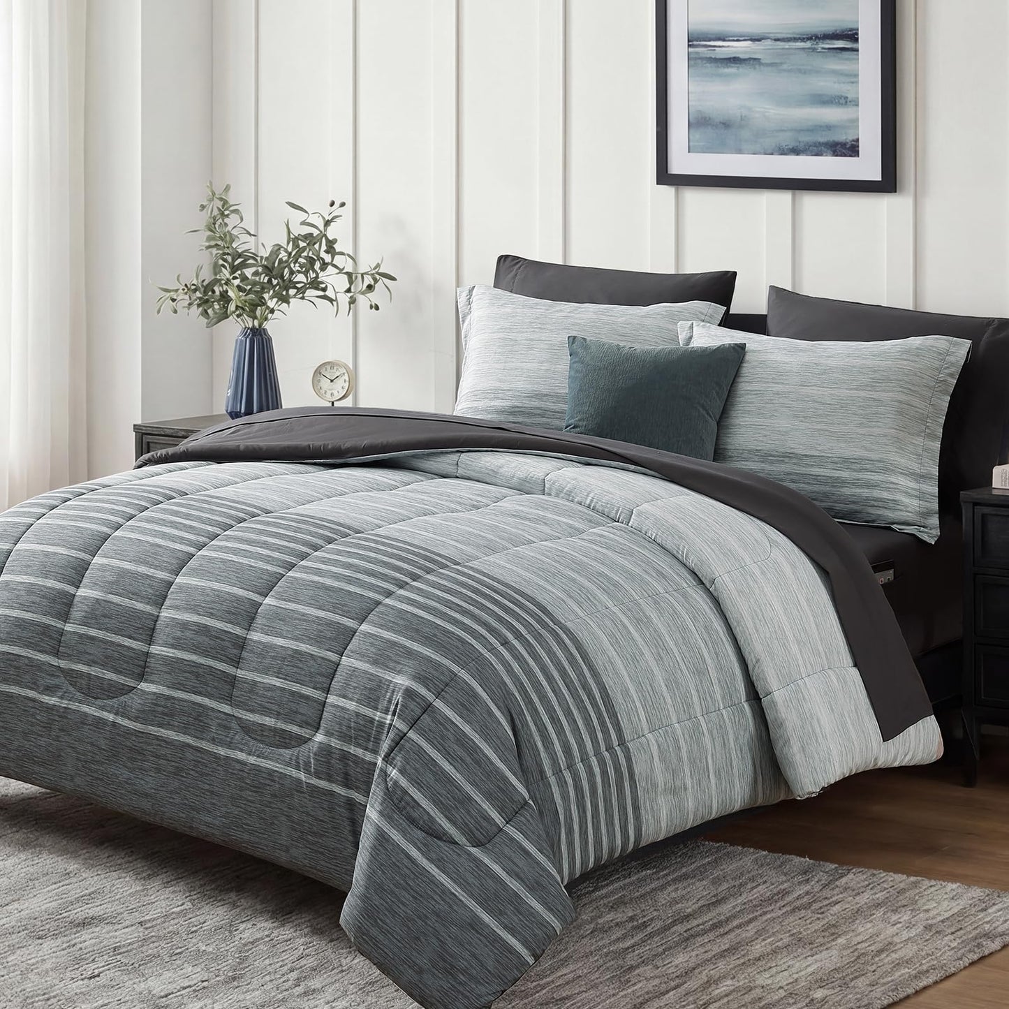 Monbix Queen Comforter Set - 7 Pieces Bed in a Bag Queen, Grey-Stripe Bedding Sets, All Seasons Comforter Bed Set with Sheets, Pillowcases & Shams