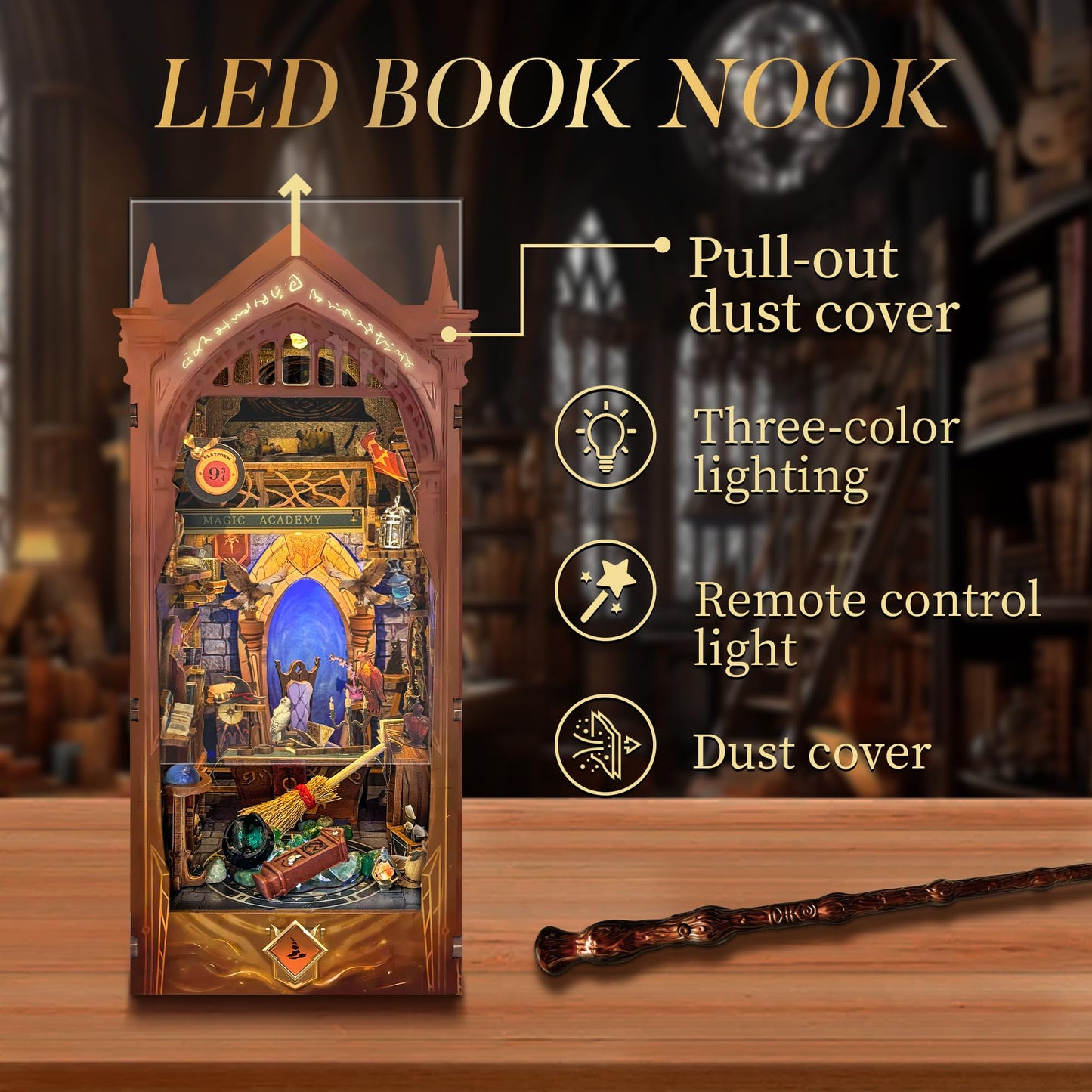 IBOHEYE Book Nook Kit - 3D Wooden Puzzle Bookend Set, Magic Academy, A Perfect Puzzle Gift for Adults