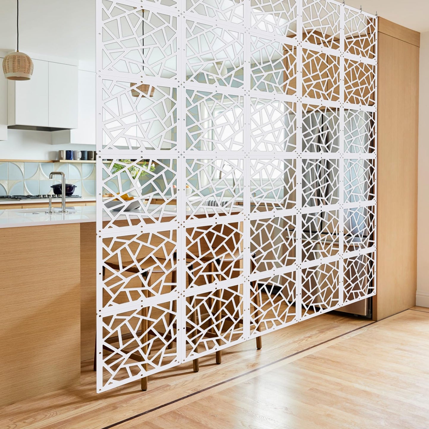 ANMINY 24 PCS Hanging Room Divider Decorative Thick Panels Floral Carving Wall Screen Hollow Out Design for Bedroom Living Dining Room Kitchen Office Restaurant Home Decor - White Geometric Patterns