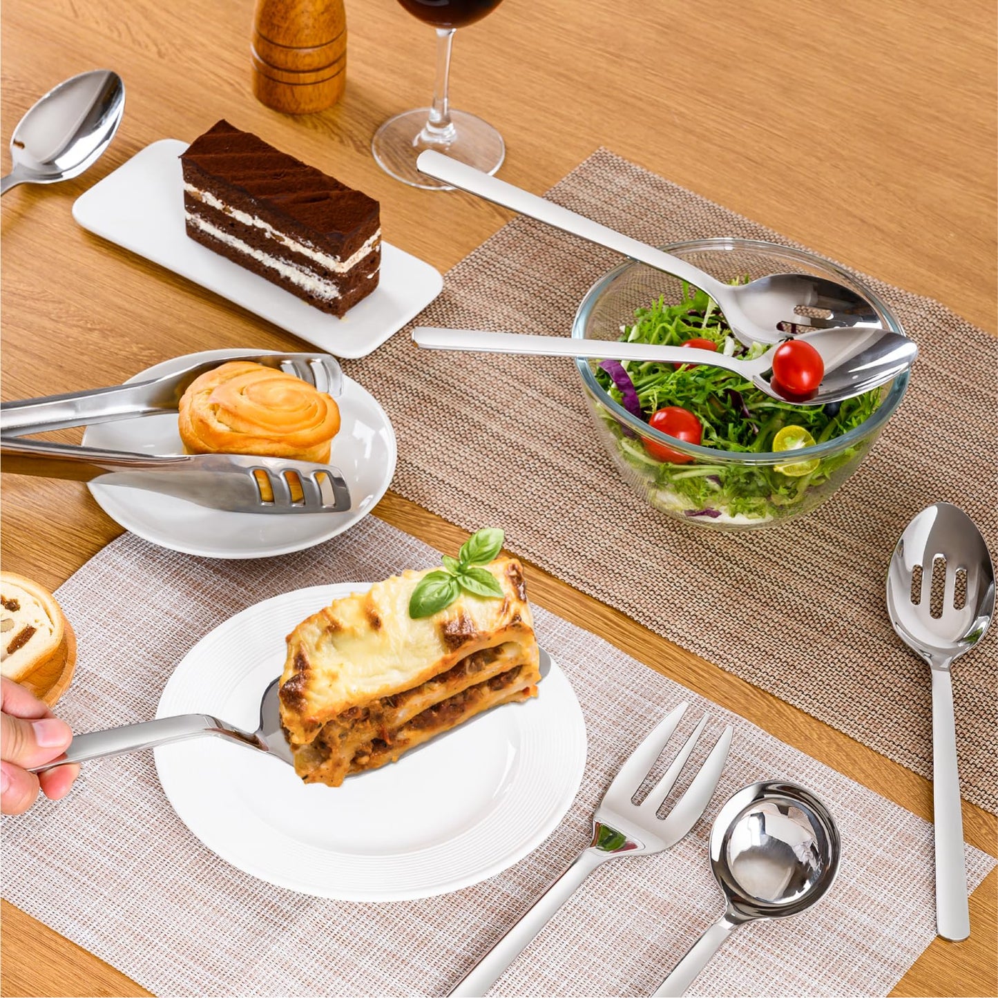 KINGSTONE Large Hostess Serving Utensils Set, Heavy Duty 18/10 Stainless Steel - 10 inch Serving Spoons, Slotted Spoons, Forks, Tongs, Cake Pie Server for Buffet, Wedding, Party