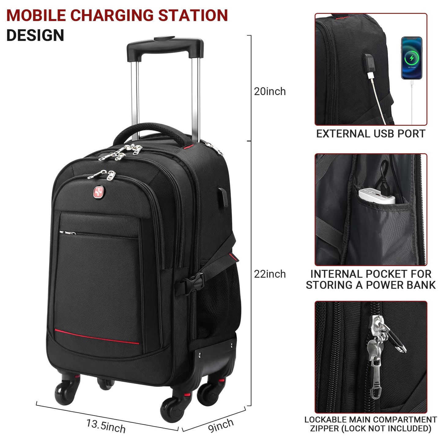 StarCloud 4-Wheel Rolling Backpack 45L (22x14x9 in): 17.3-Inch Roller Travel Laptop Backpack for Business, Water-Resistant Carry-On Luggage, Airline Approved Suitcase for Travel and Commuting