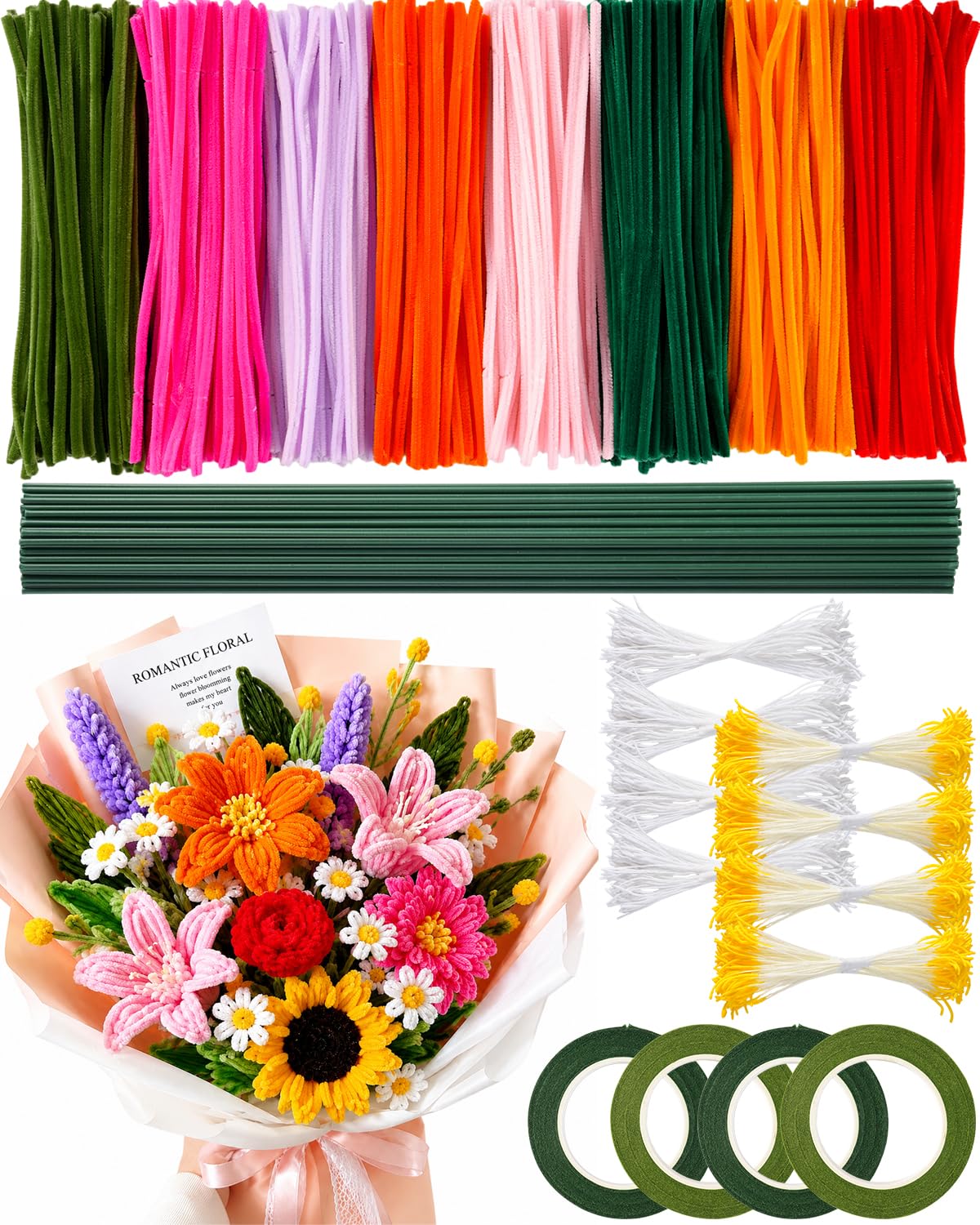 864PCS Pipe Cleaners Craft, Pipe Cleaners Flowers Kit with Handle, 13Colors Chenille Stems,Art and Craft Supplies