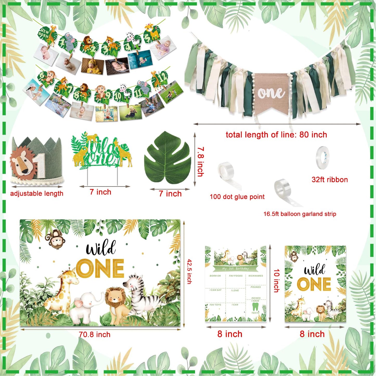 Wild One Birthday Decorations,Jungle Safari Animal Theme First Birthday Decorations Baby Shower Party Supplies for Boy Girl Photo Banner, Balloon Box, Balloons Garland, High Chair Banner, Backdrop