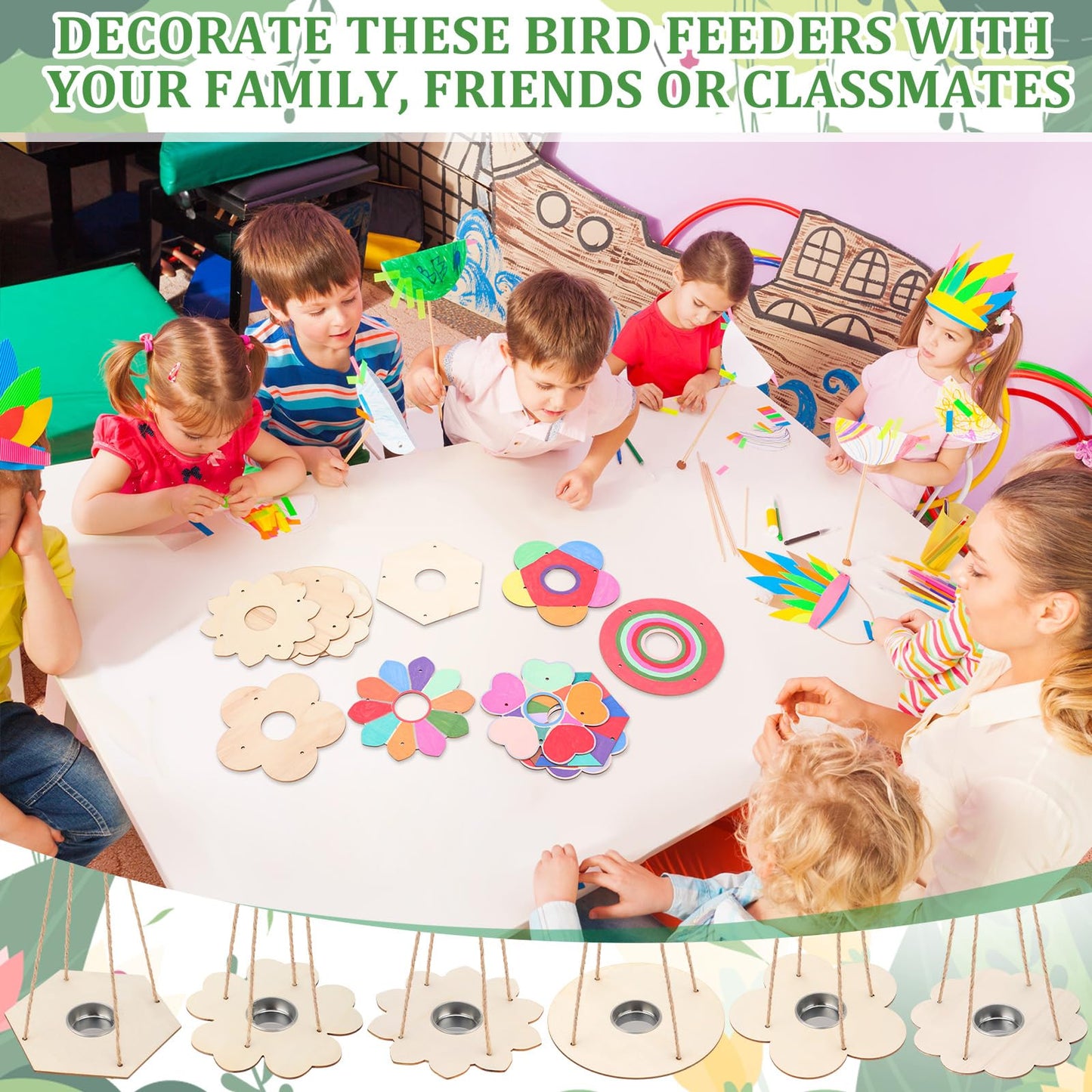 DoubleFill 72 Pcs Bird Feeder Craft Kits for Kids Ages 3-8 Make Your Own Bird Feeders Kids Arts and Crafts DIY Wooden Art Painting Flock Feeders for Outside DIY Craft for Garden Outdoor Decoration