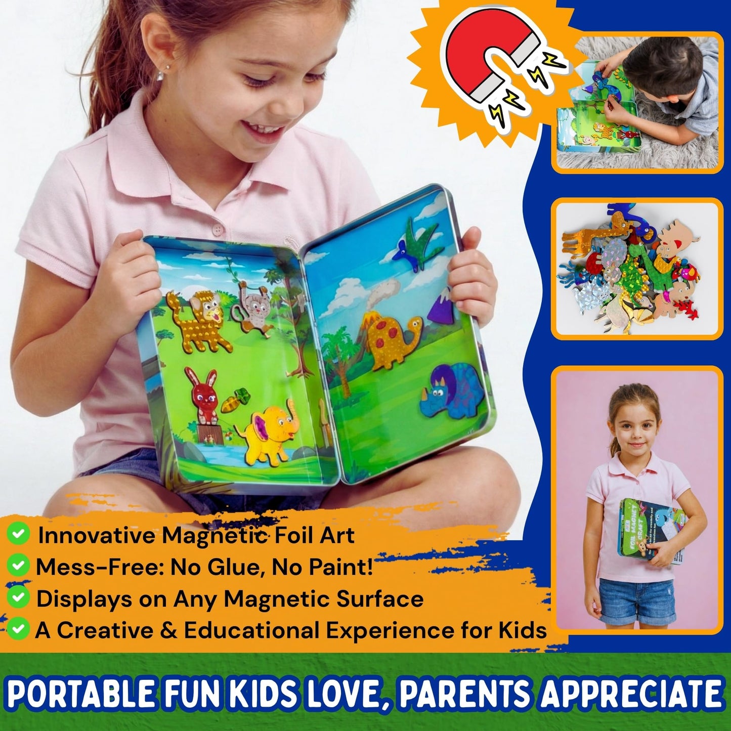 Foil Fun Art Kit for Kids - Reusable Animal Foil Art for Girls & Boys, DIY Mess-Free Girls Craft Kit w/Magnets, Ideal Travel Toy & in Car Activities for Kids Ages 4 5 6 7 8 9 10 11 12