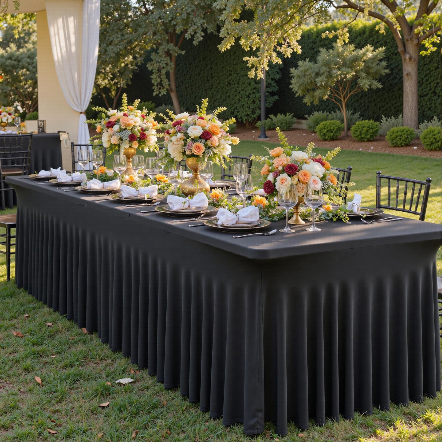 leegleri 4 Pack Black Spandex Table Cloths for 6 Foot Rectangle Tables, Wrinkle Free Stretch Fitted Tablecloths 6ft, Black Banquet Tablecloth with Skirt for Parties Weddings Birthday