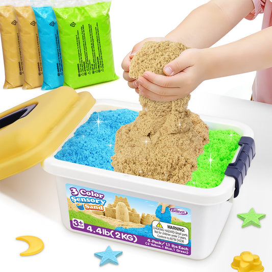 Billeeit 4.4 lbs Play Sand w/Storage Sandbox, 4-Pack(2 Yellow, 1 Blue, 1 Green), Sensory Bin Refill Sand for Shaping, Molding, Pressing, Scooping, Rolling, Self-Sticking Sand Sensory Toy for Kids 3+