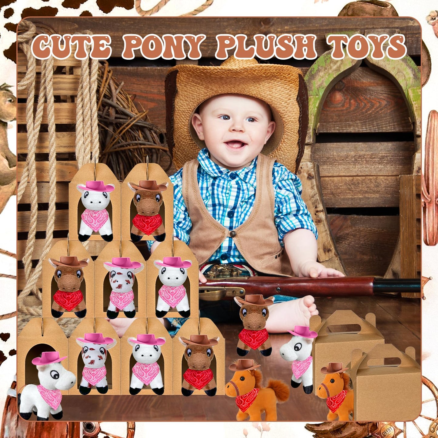 Jiytivity 48 Pcs Adopt a Horse Animal Party Favors Include 12 Mini Stuffed Horse 12 Boxes 12 Hats 12 Scarves for Adopt a Grassland Animal Party Favor Pet Birthday Supply Gifts