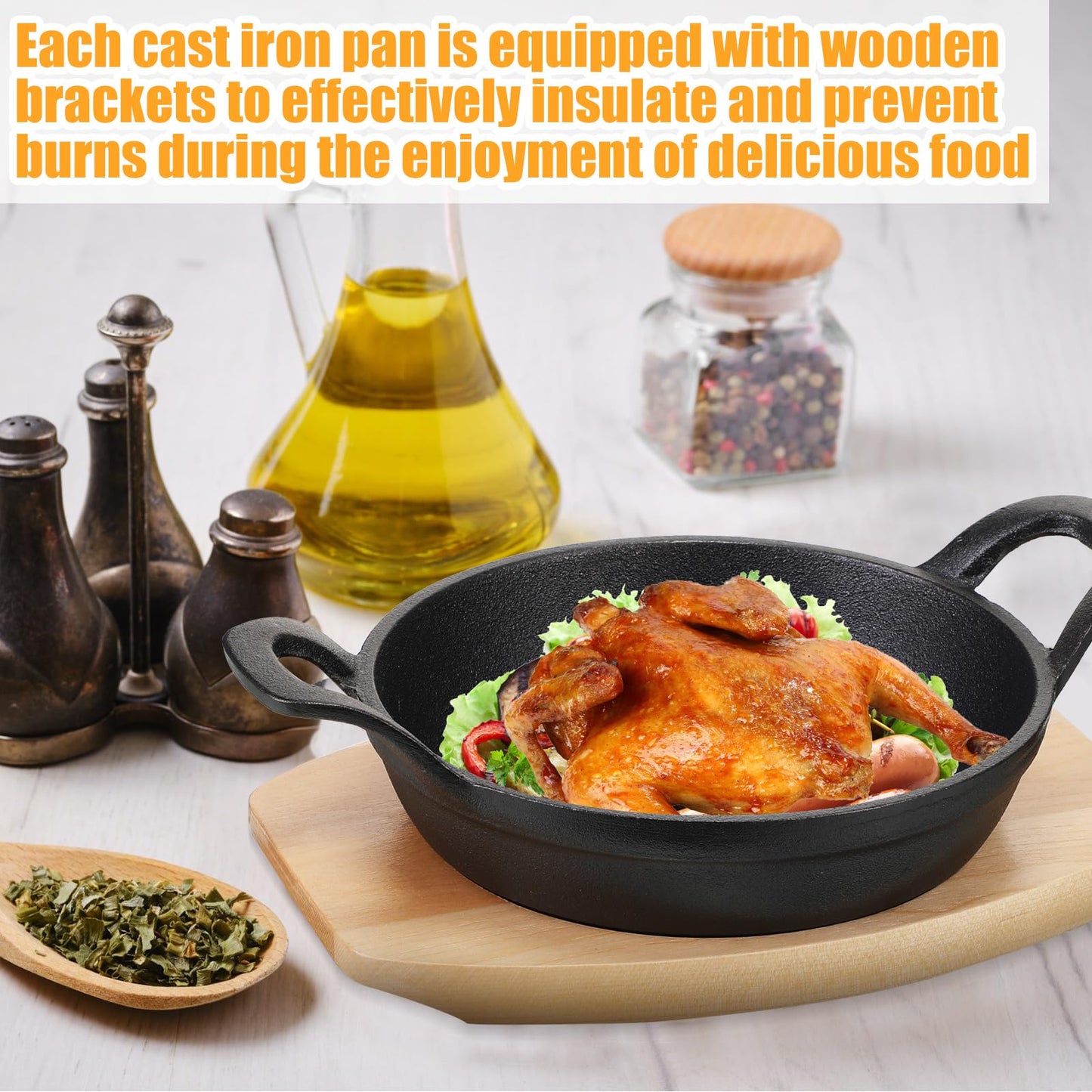Nuogo 6 Sets Mini Cast Iron Skillet Mini Cast Iron Plates Skillet with Wooden Base Small Round Fajita Plate iron Pan Pot for Cooking Party(6.3 Inches)