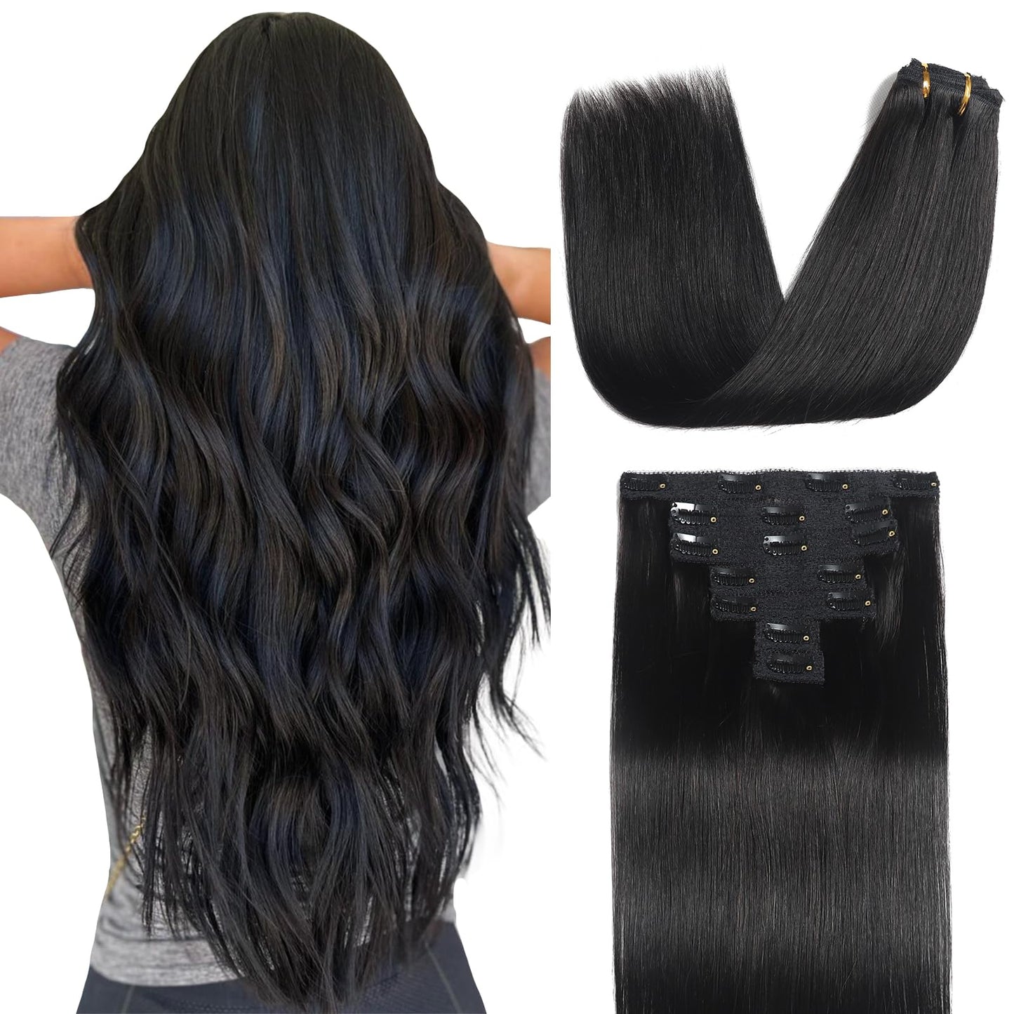 Sisily Clip in Hair Extensions Real Human Hair, 24 Inch Premium Human Hair Clip in Extensions Natural Black, Soft Straight Hair Extensions Real Human Hair Clip ins 7PCS Double Weft（24 Inch #1B）
