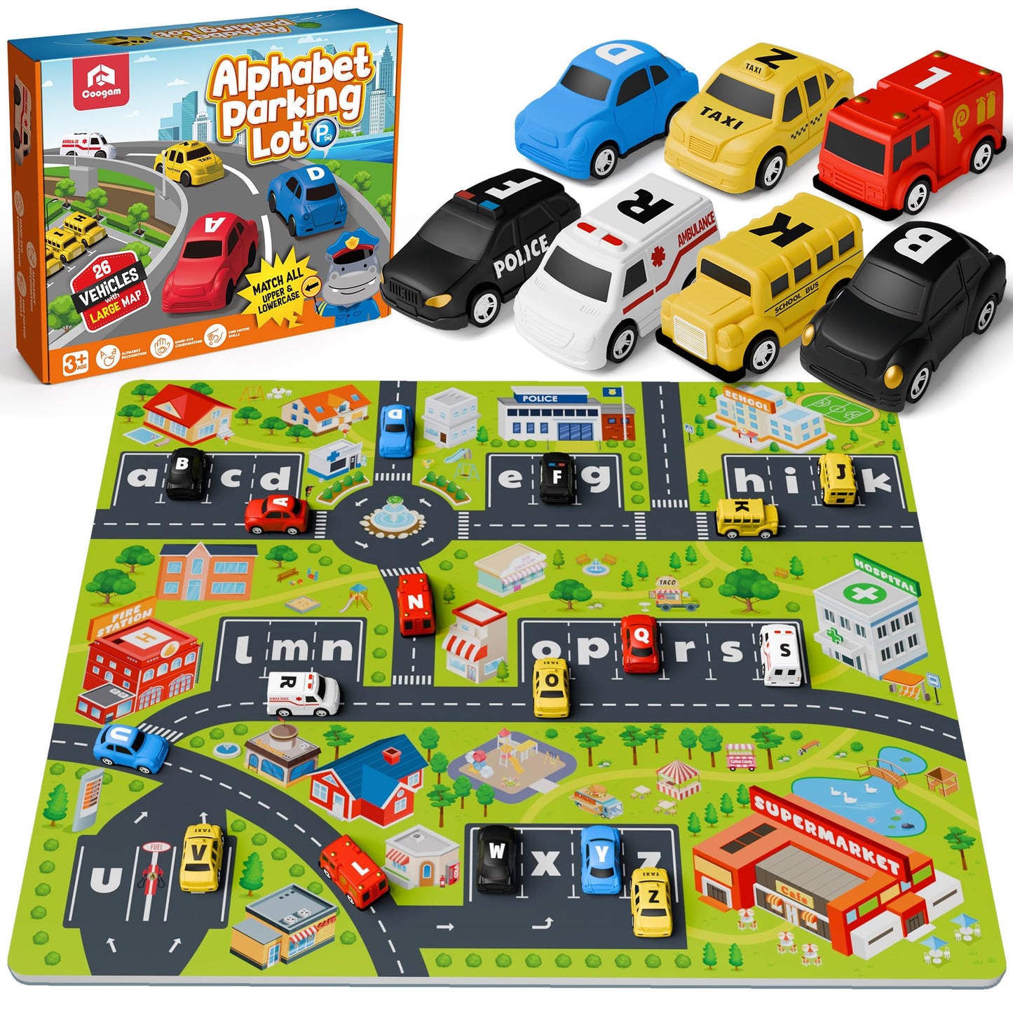 Coogam Alphabet Maze, 26pcs Pull Back Car with Play Mat Preschool Letter Matching Game for 3 4 5 Years Old, Educational Fine Motor Gift Toy for Toddler Kids